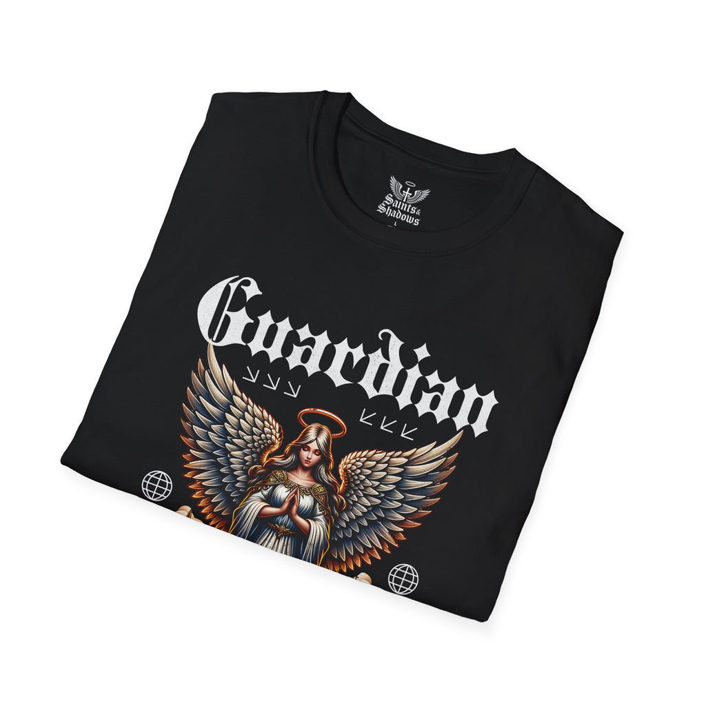 Saints and Shadows - Guardian of the Skyline, Angelic Artwork Unisex Softstyle T-Shirt, Casual Wear