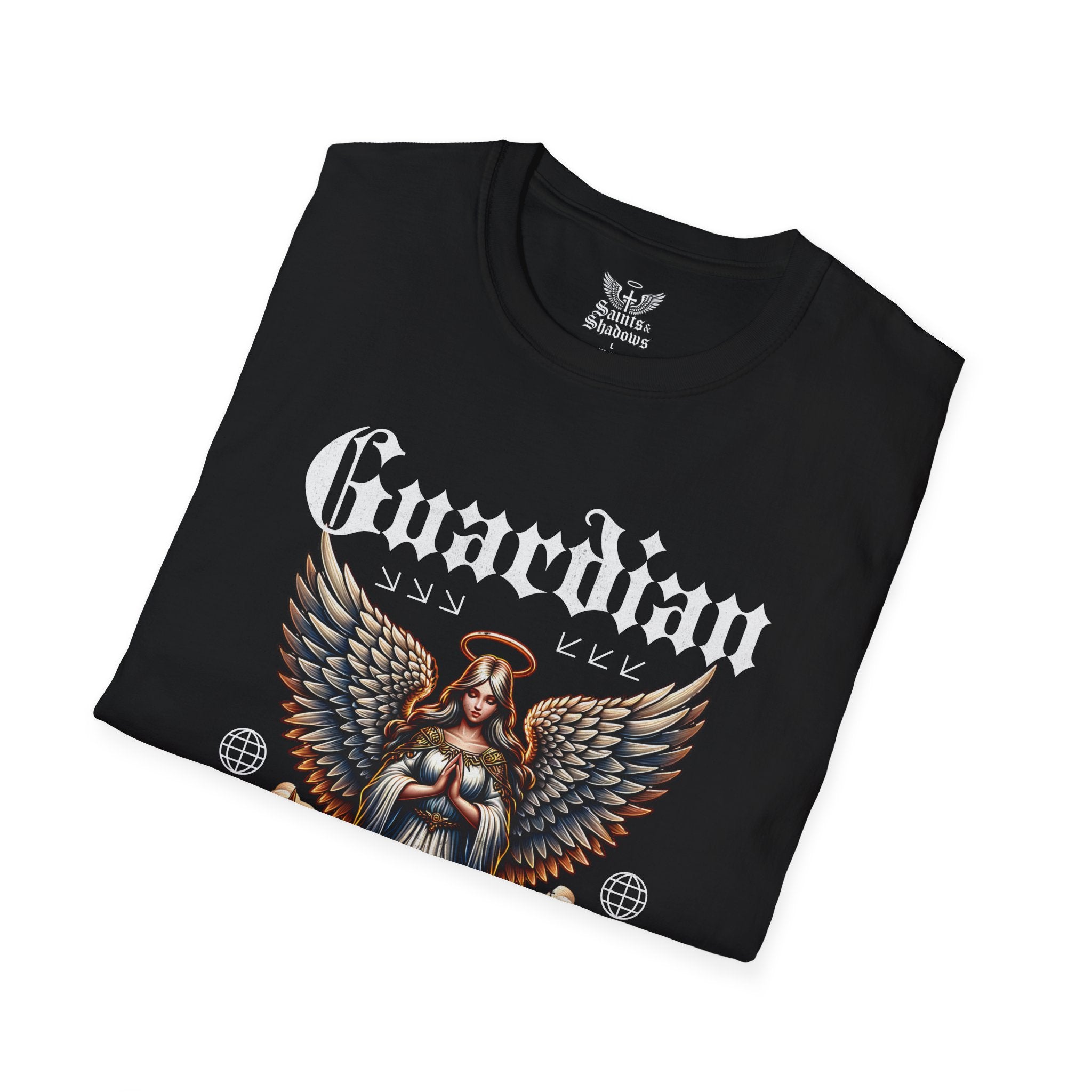 Saints and Shadows - Guardian of the Skyline, Angelic Artwork Unisex Softstyle T-Shirt, Casual Wear
