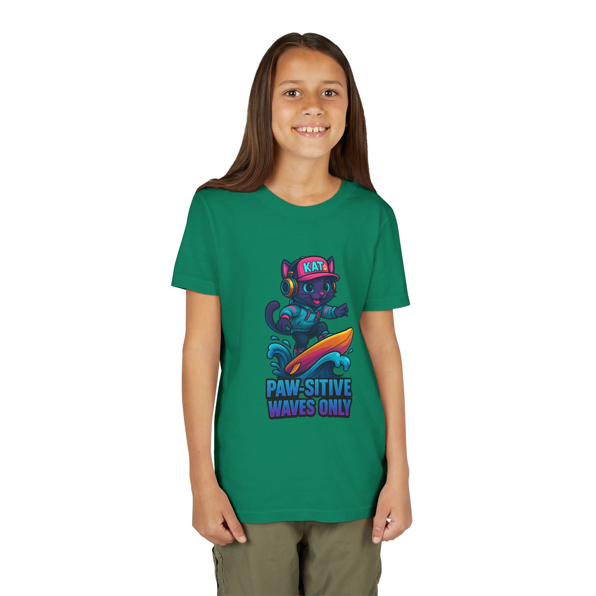 DJ KAT PAWS Paw-Sitive Waves Only, Youth Tee | Kids Surfing T-Shirt, Fun Cat Graphic Top, Summer Apparel, Gifts for Animal Lovers