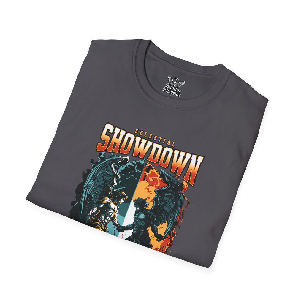 Saints and Shadows - Epic Showdown, Angelic Artwork Unisex Softstyle T-Shirt, Casual Wear