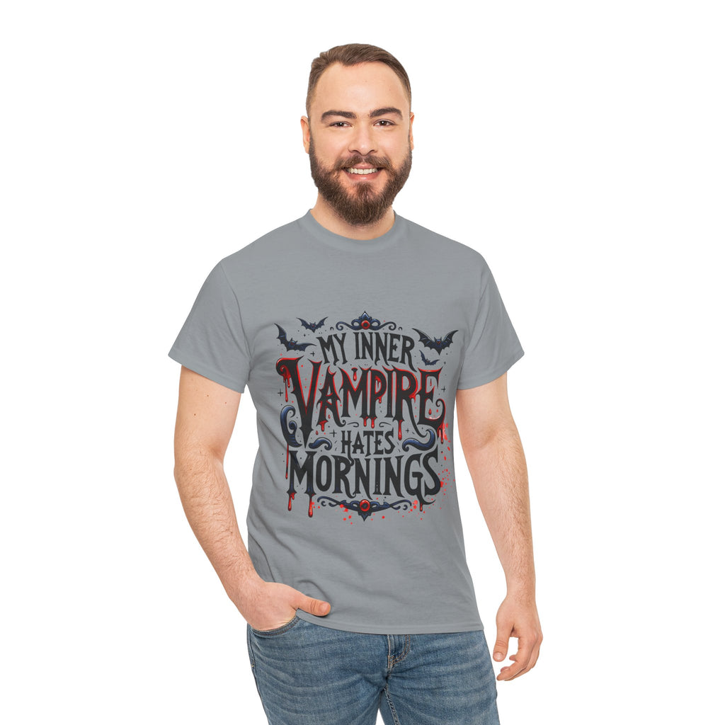 My Inner Vampire Hates Mornings, Tee - Unisex Heavy Cotton Shirt for Halloween, Gifts, Casual Wear, Funny T-Shirt, Vampire Lover Apparel