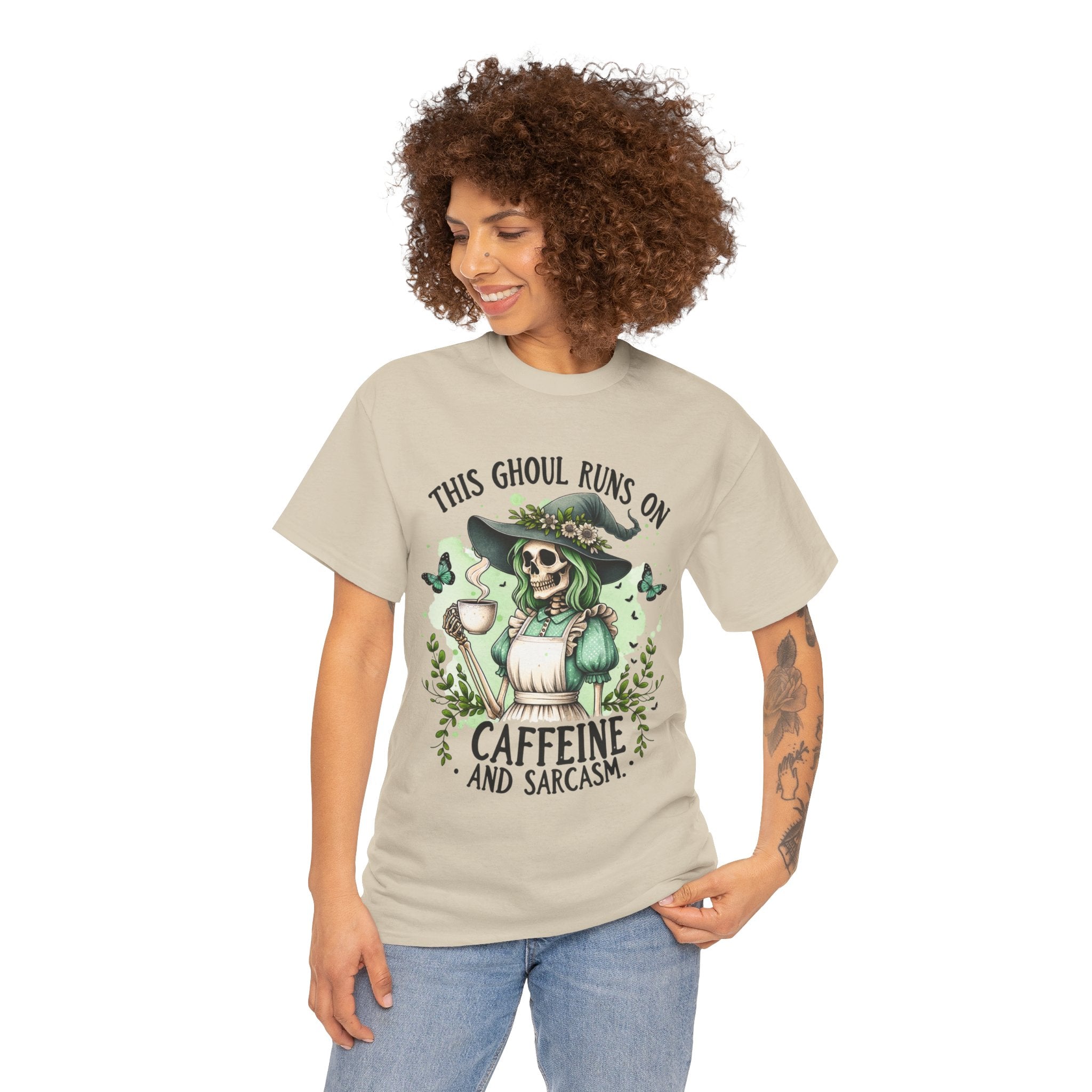 Caffeine and Sarcasm, Funny Halloween Tee, Unisex Tee, Perfect for Gifting, October Festivities, Casual Wear, Skeleton Graphic Tee