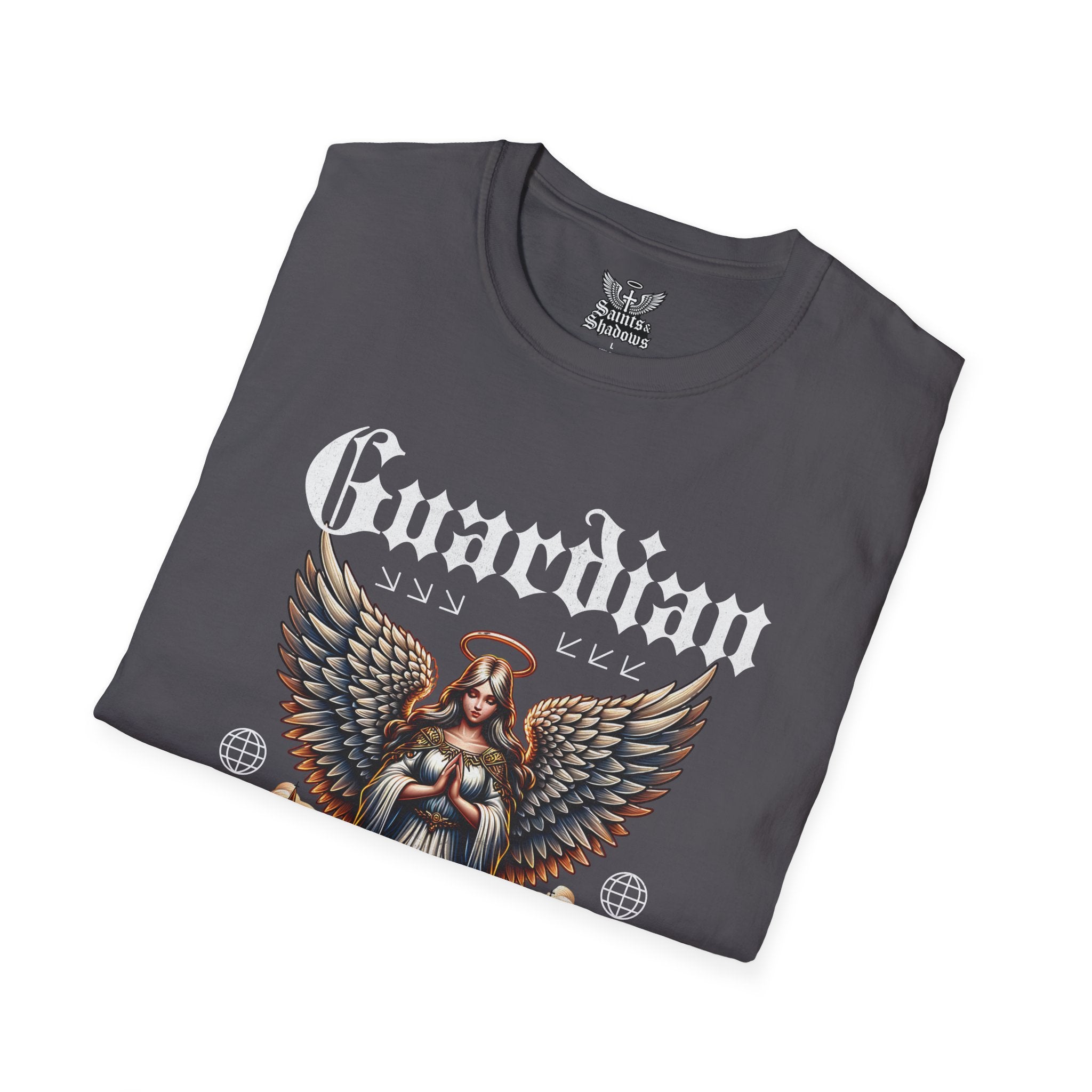 Saints and Shadows - Guardian of the Skyline, Angelic Artwork Unisex Softstyle T-Shirt, Casual Wear