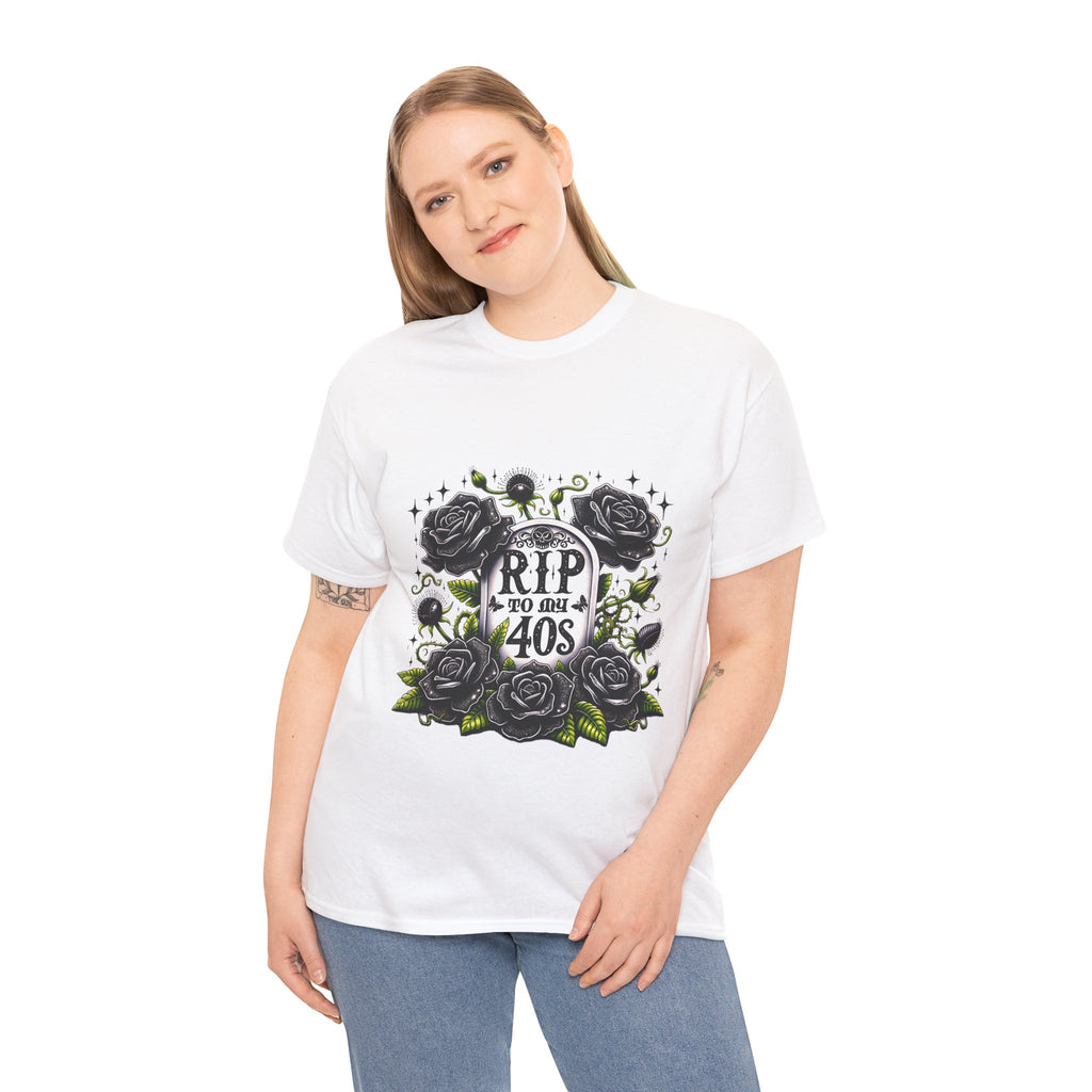 RIP to My 40s Tee, Heavy, Unisex Graphic Shirt, Birthday Gift, Casual Wear, Vintage Style, Floral Design T-shirt