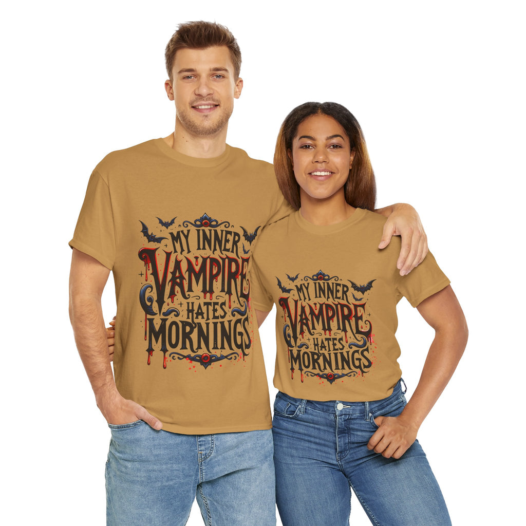 My Inner Vampire Hates Mornings, Tee - Unisex Heavy Cotton Shirt for Halloween, Gifts, Casual Wear, Funny T-Shirt, Vampire Lover Apparel