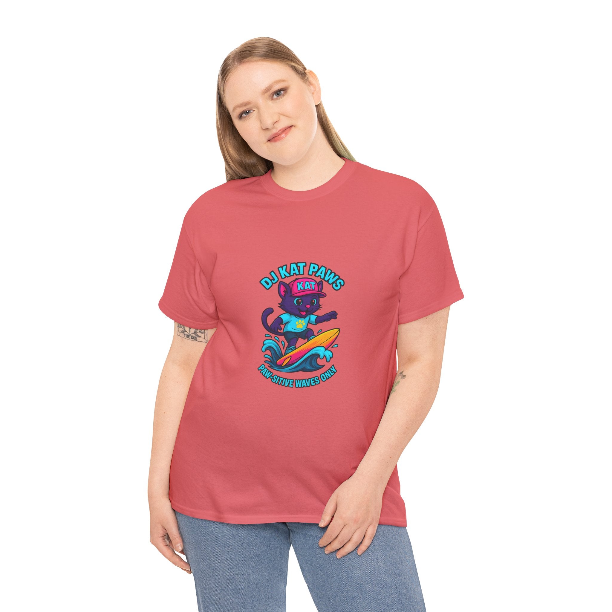 DJ KAT PAWS Surfing Fun T-Shirt | Stay Cool, Have Fun, Play Safe, Be You! | Fun Summer Tee, Gift for Cat Lovers, Beach Vibes