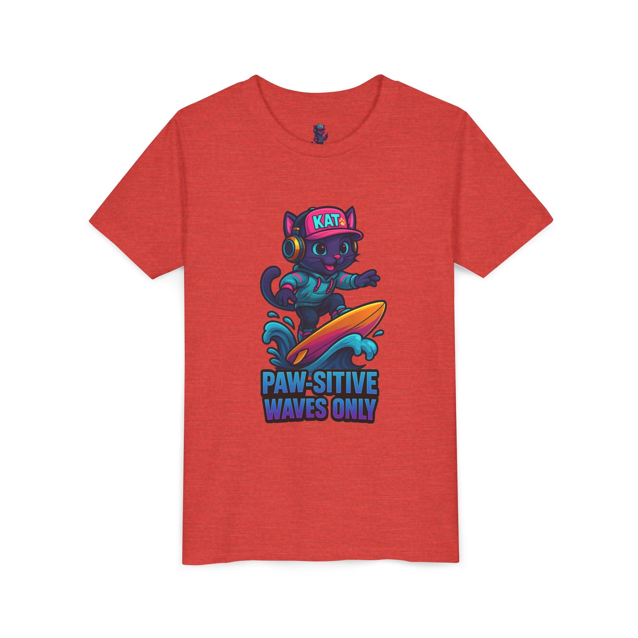 DJ KAT PAWS Paw-Sitive Waves Only, Youth Tee | Kids Surfing T-Shirt, Fun Cat Graphic Top, Summer Apparel, Gifts for Animal Lovers