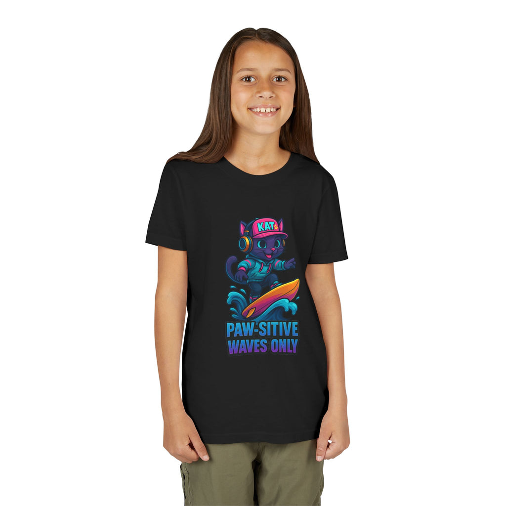 DJ KAT PAWS Paw-Sitive Waves Only, Youth Tee | Kids Surfing T-Shirt, Fun Cat Graphic Top, Summer Apparel, Gifts for Animal Lovers