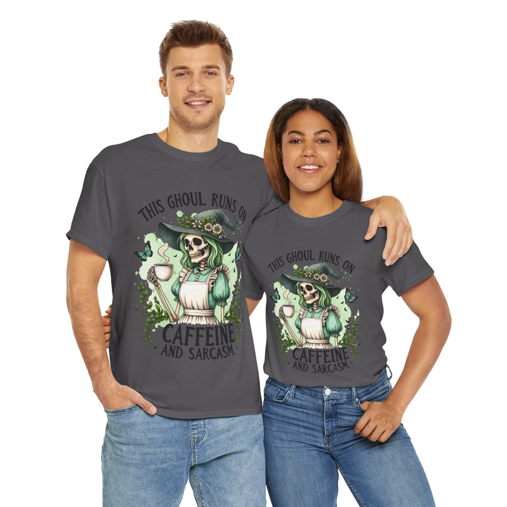 Caffeine and Sarcasm, Funny Halloween Tee, Unisex Tee, Perfect for Gifting, October Festivities, Casual Wear, Skeleton Graphic Tee