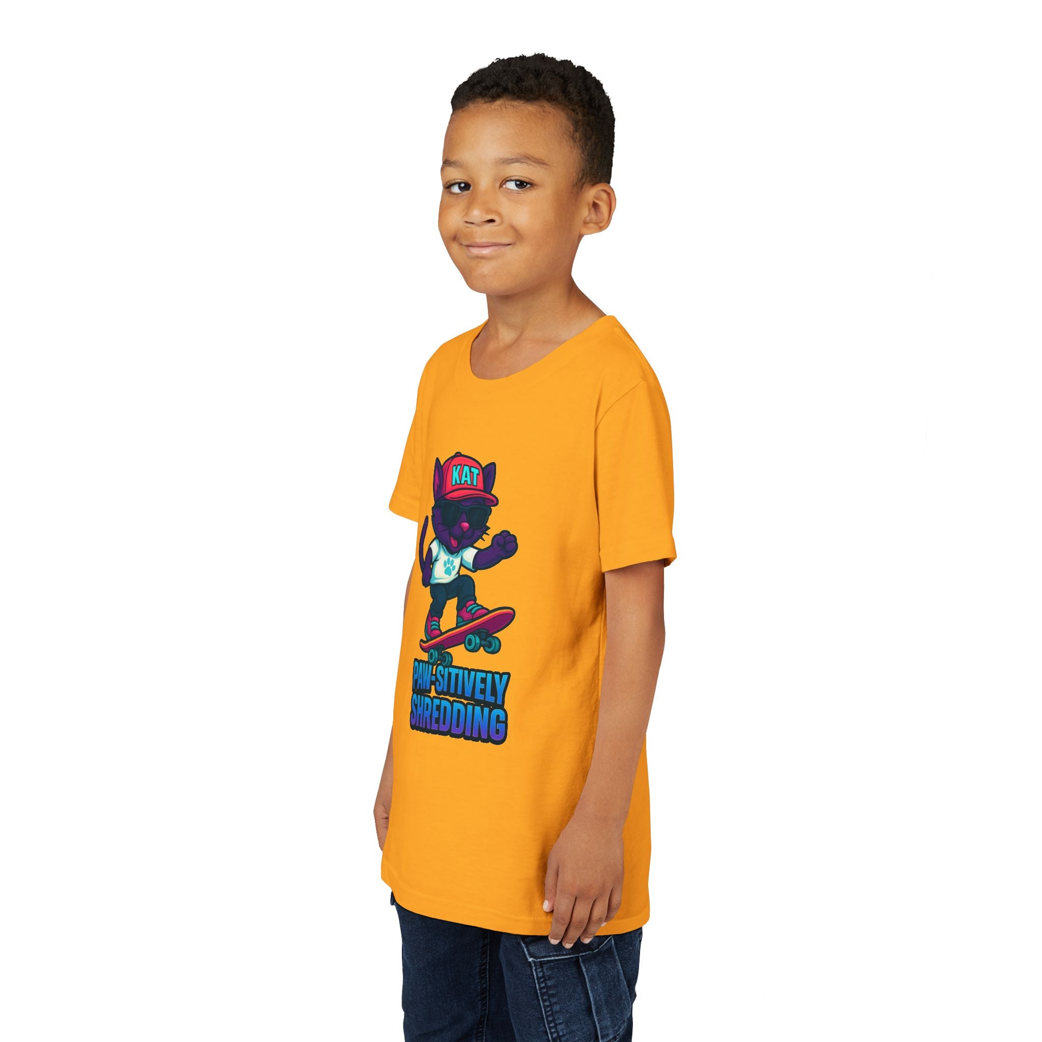 DJ KAT PAWS Paw-sitively Shredding, Skateboarding Youth Tee | Fun Summer Shirt, Motivational Kids T-Shirt, Birthday Gift for Boys & Girls