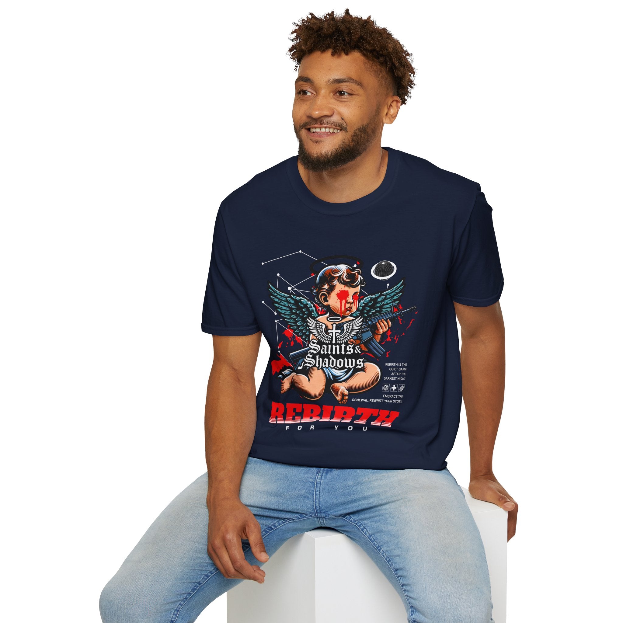 Saints and Shadows - Rebirth, Angelic Artwork Unisex Softstyle T-Shirt, Casual Wear