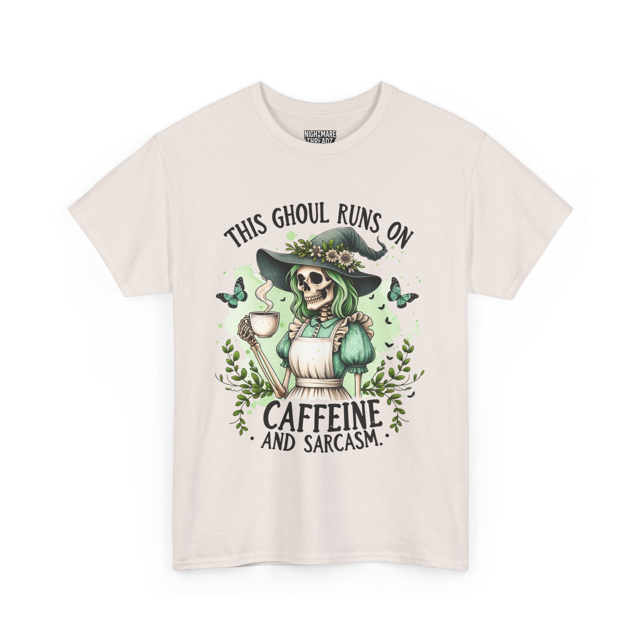 Caffeine and Sarcasm, Funny Halloween Tee, Unisex Tee, Perfect for Gifting, October Festivities, Casual Wear, Skeleton Graphic Tee