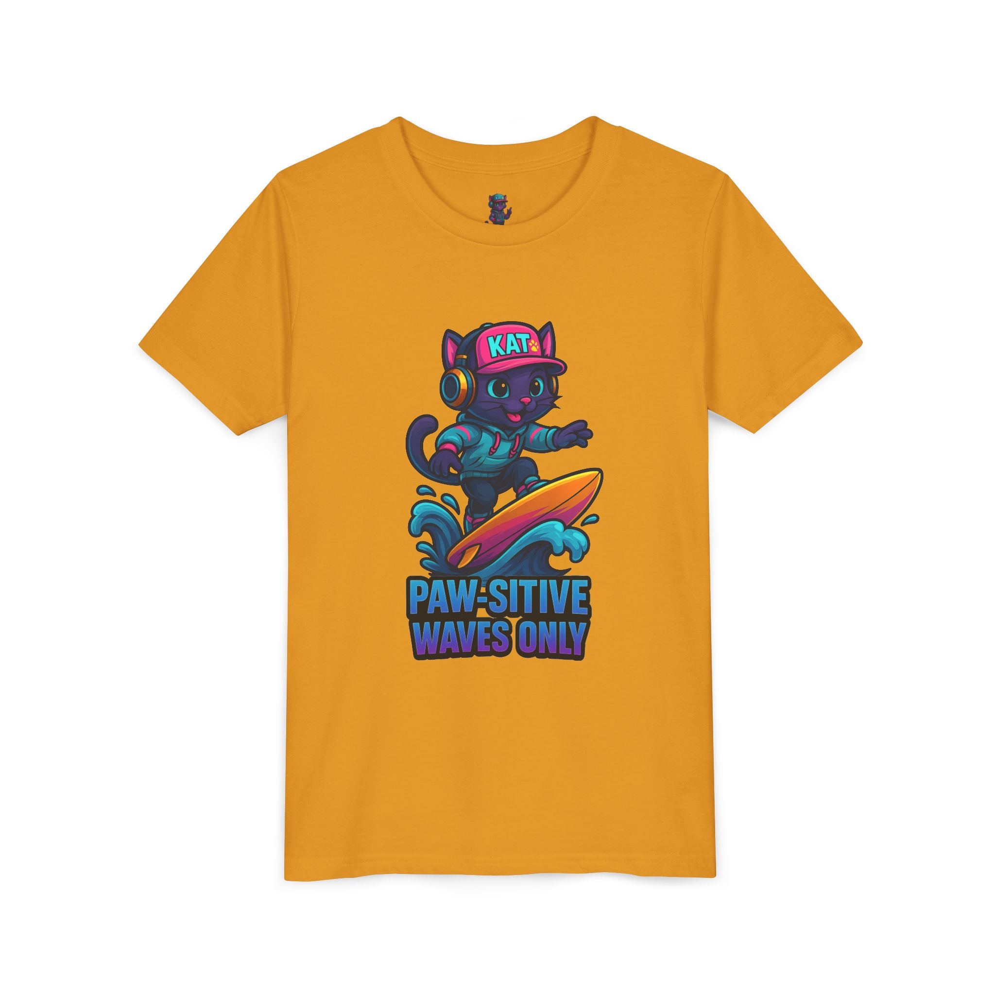 DJ KAT PAWS Paw-Sitive Waves Only, Youth Tee | Kids Surfing T-Shirt, Fun Cat Graphic Top, Summer Apparel, Gifts for Animal Lovers