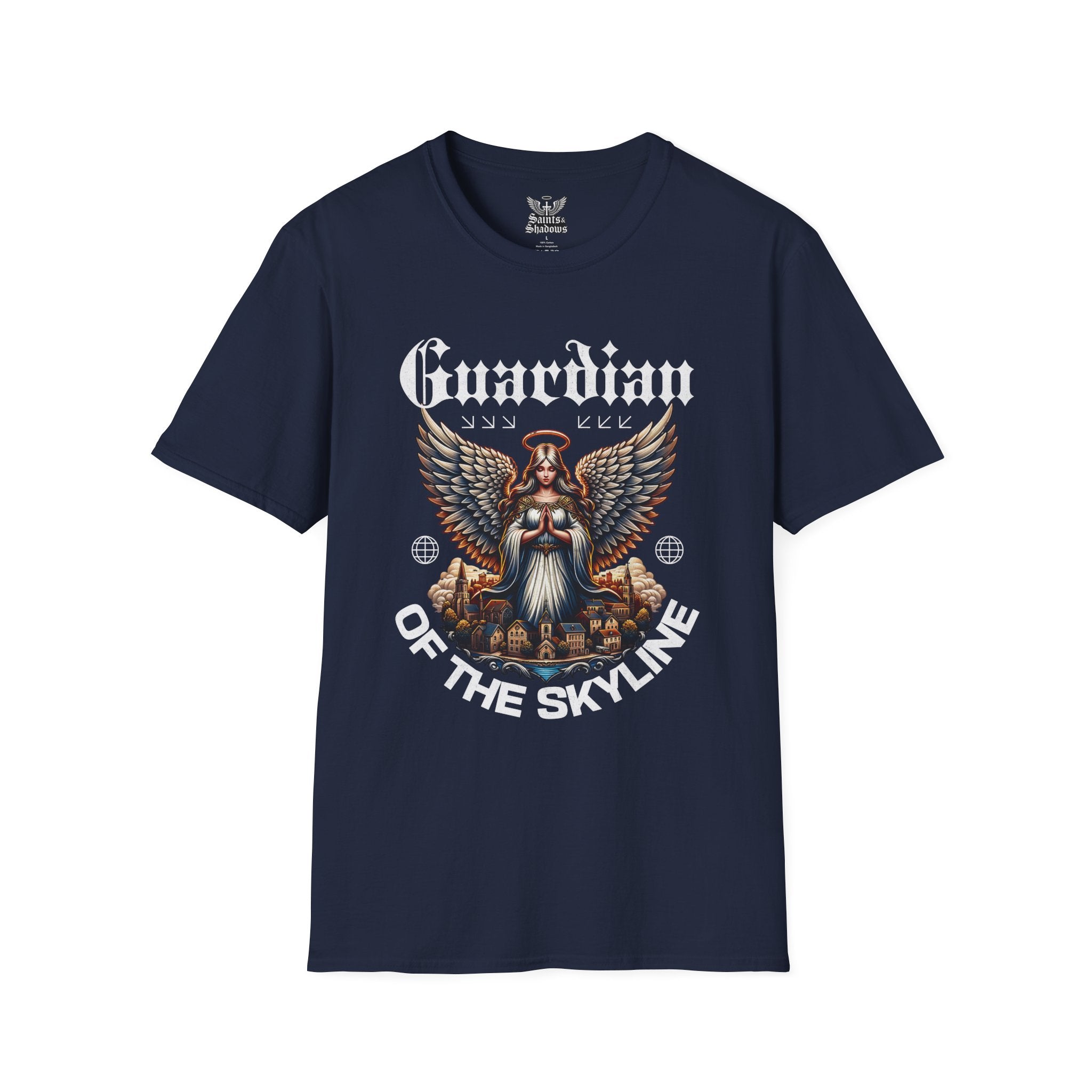 Saints and Shadows - Guardian of the Skyline, Angelic Artwork Unisex Softstyle T-Shirt, Casual Wear