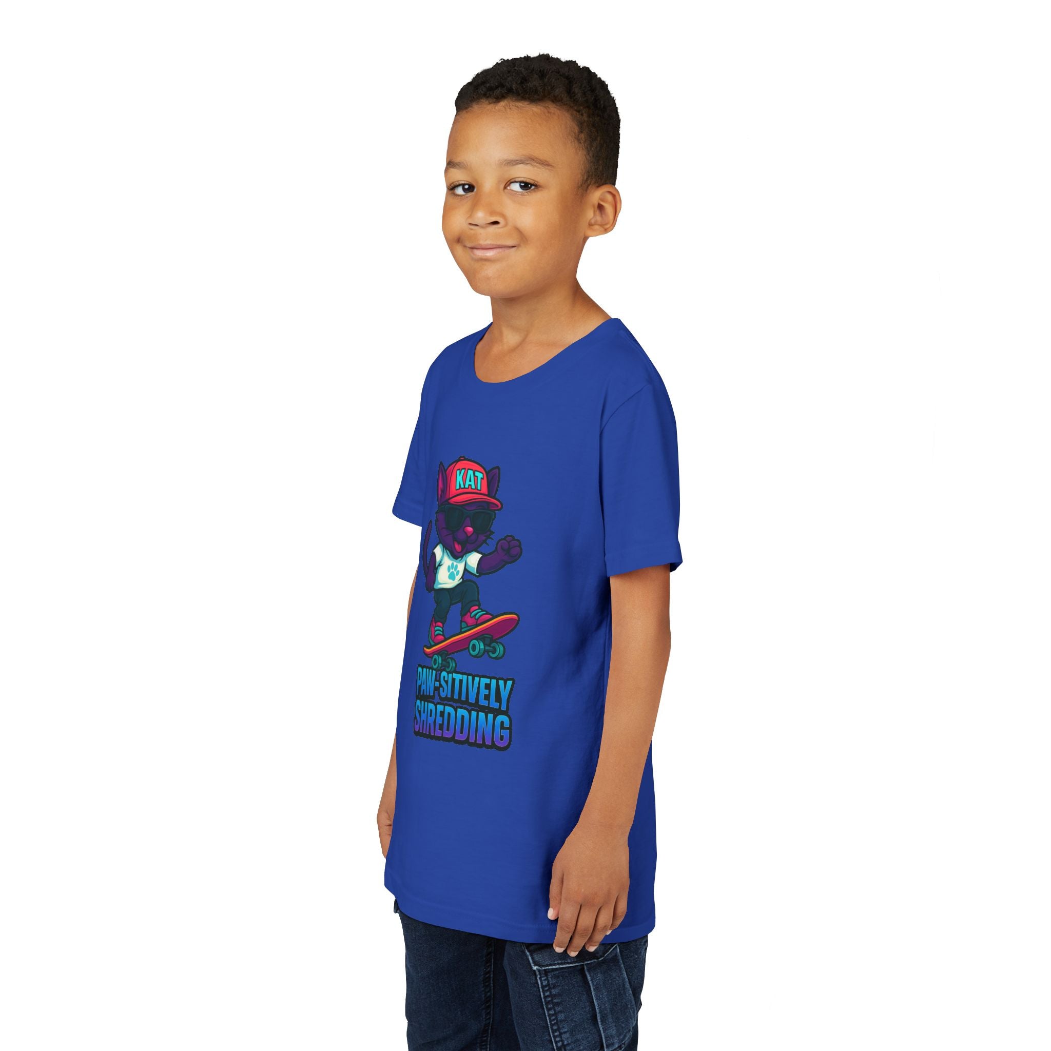 DJ KAT PAWS Paw-sitively Shredding, Skateboarding Youth Tee | Fun Summer Shirt, Motivational Kids T-Shirt, Birthday Gift for Boys & Girls