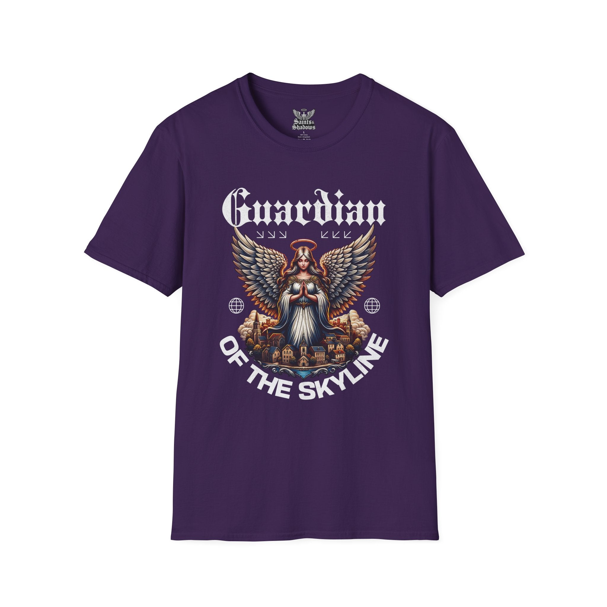 Saints and Shadows - Guardian of the Skyline, Angelic Artwork Unisex Softstyle T-Shirt, Casual Wear
