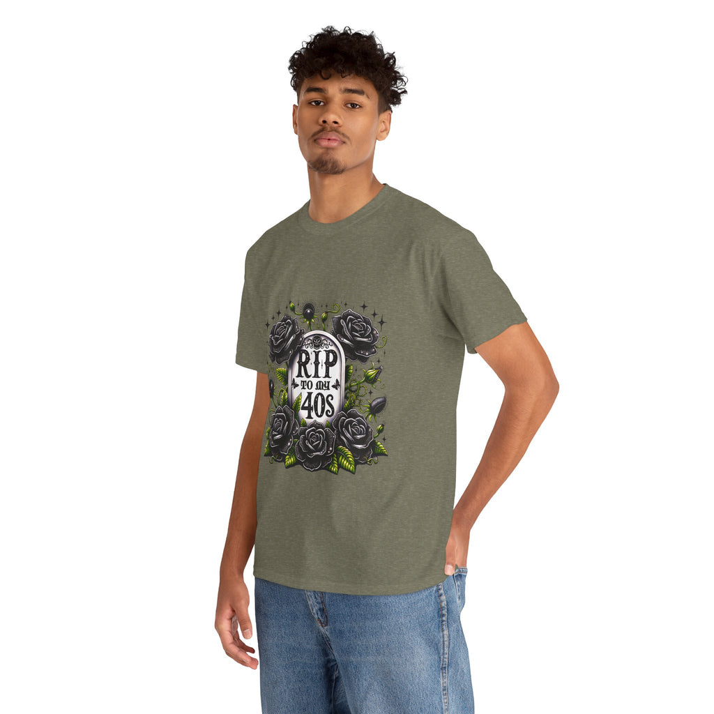 RIP to My 40s Tee, Heavy, Unisex Graphic Shirt, Birthday Gift, Casual Wear, Vintage Style, Floral Design T-shirt