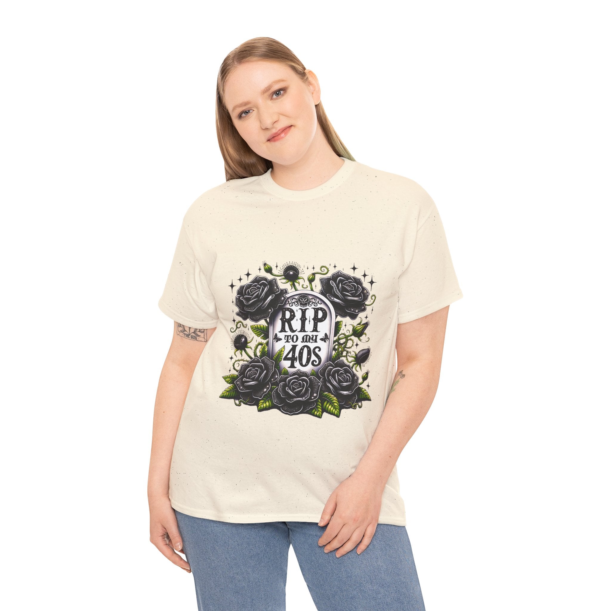 RIP to My 40s Tee, Heavy, Unisex Graphic Shirt, Birthday Gift, Casual Wear, Vintage Style, Floral Design T-shirt