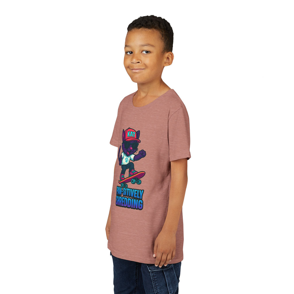 DJ KAT PAWS Paw-sitively Shredding, Skateboarding Youth Tee | Fun Summer Shirt, Motivational Kids T-Shirt, Birthday Gift for Boys & Girls