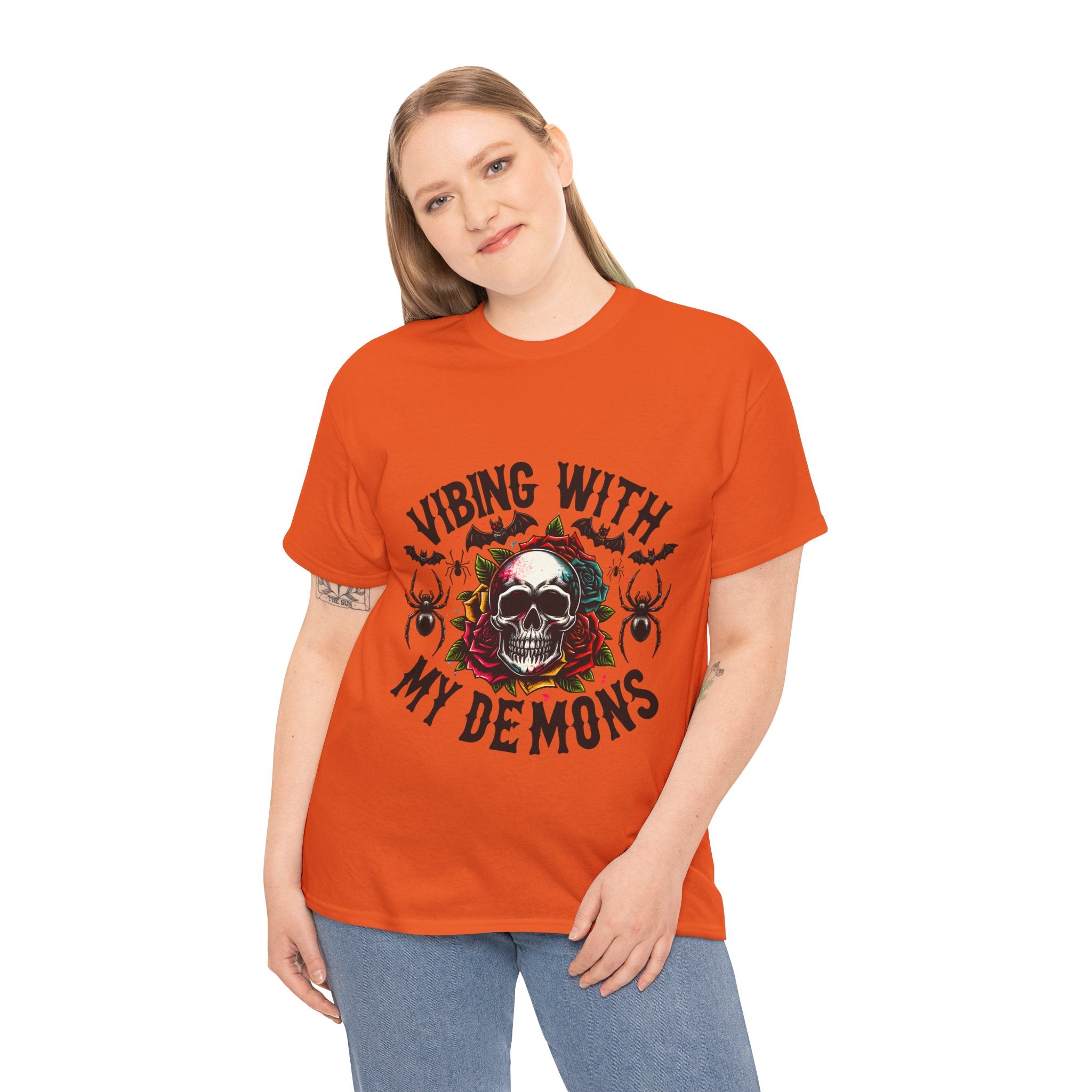 Vibing With My Demons, Halloween Skeleton & Pumpkin Tee, Spooky Season Apparel, Fall Fashion, Gift for Halloween Lovers