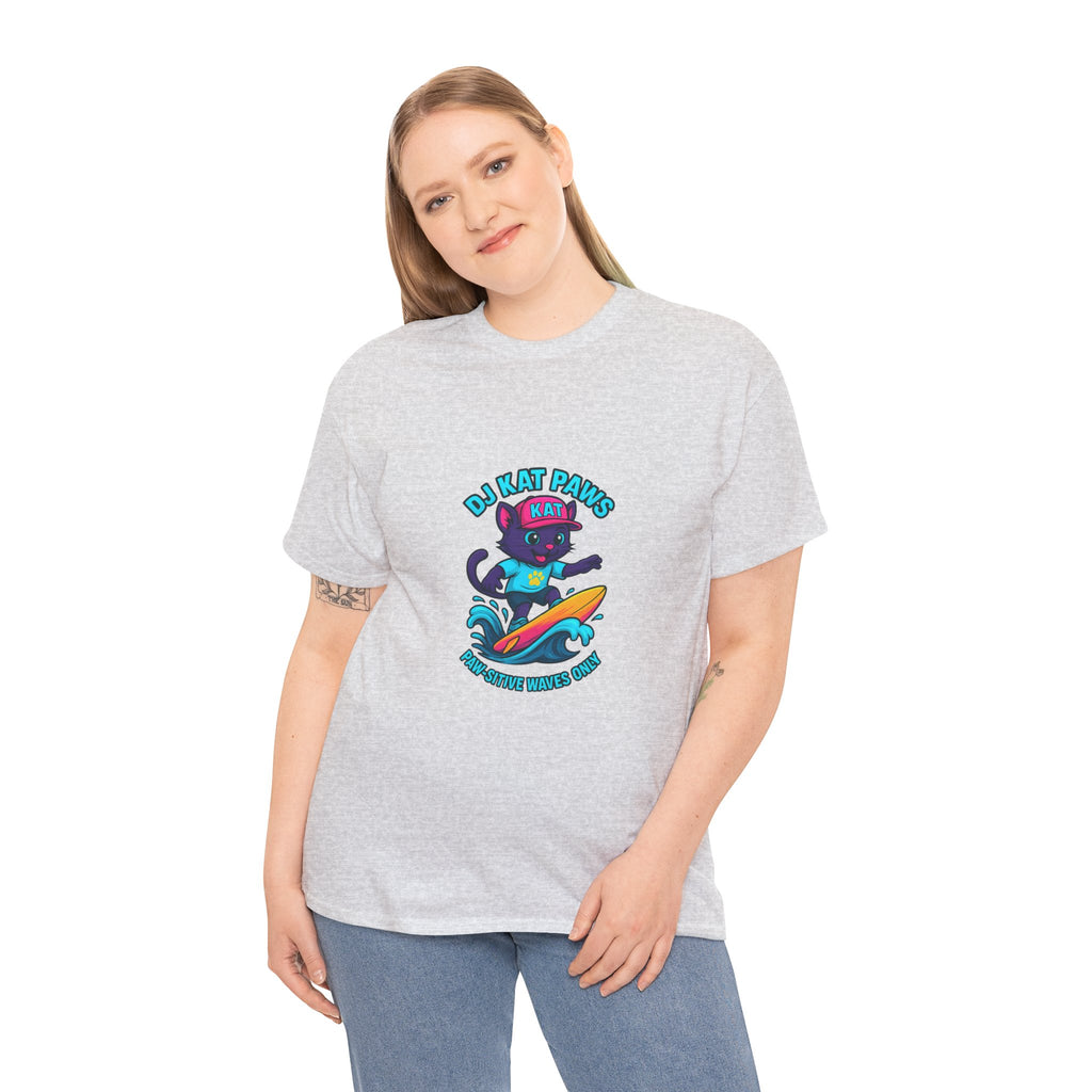 DJ KAT PAWS Surfing Fun T-Shirt | Stay Cool, Have Fun, Play Safe, Be You! | Fun Summer Tee, Gift for Cat Lovers, Beach Vibes