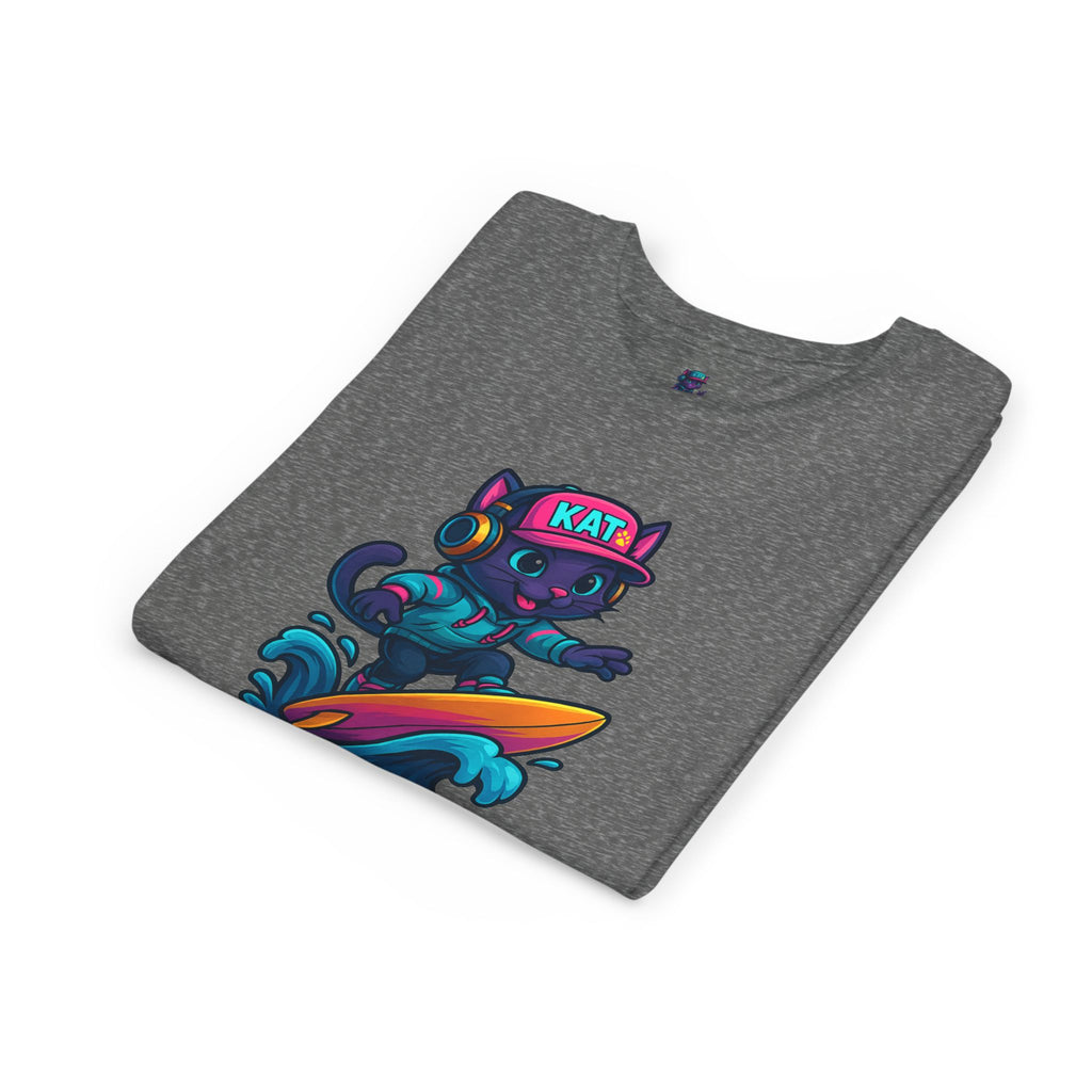 DJ KAT PAWS Paw-Sitive Waves Only, Youth Tee | Kids Surfing T-Shirt, Fun Cat Graphic Top, Summer Apparel, Gifts for Animal Lovers