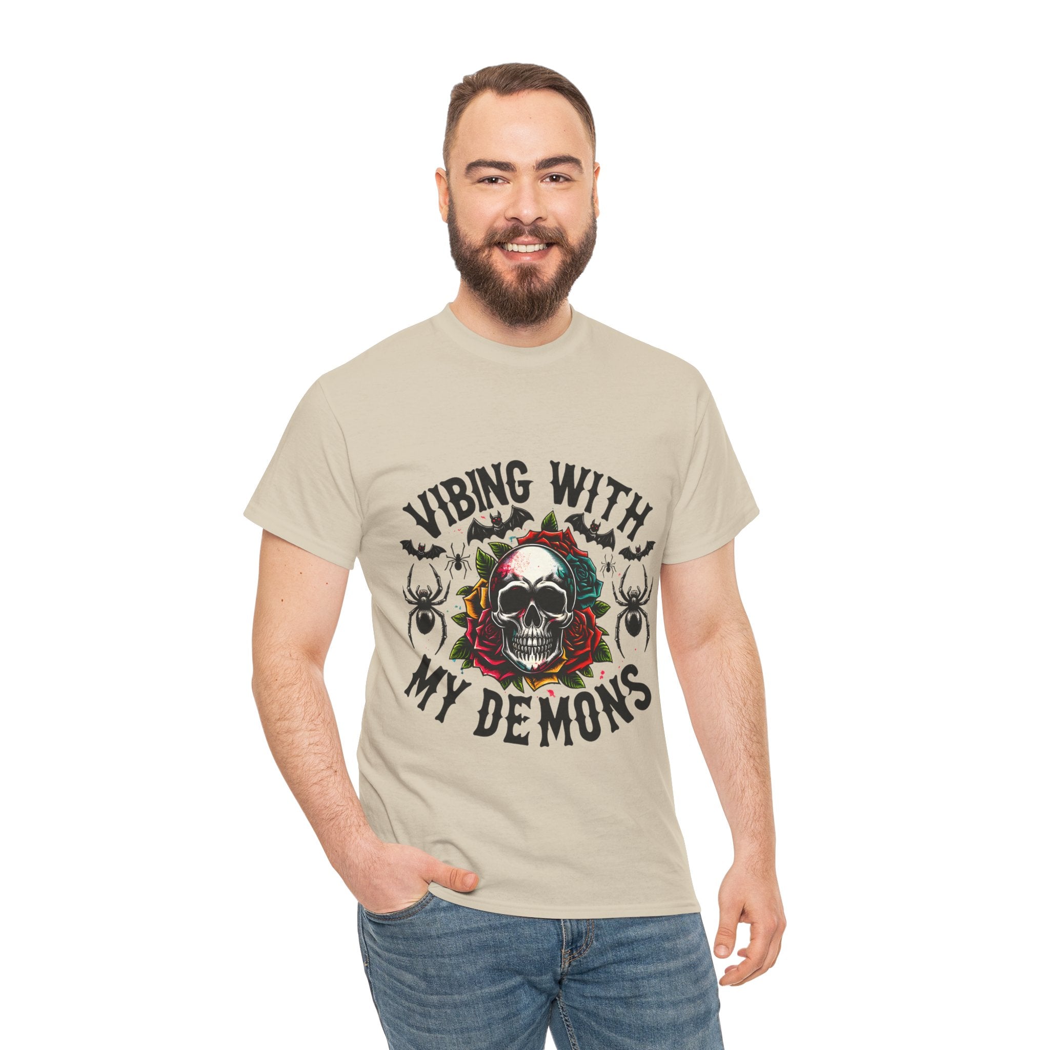 Vibing With My Demons, Halloween Skeleton & Pumpkin Tee, Spooky Season Apparel, Fall Fashion, Gift for Halloween Lovers