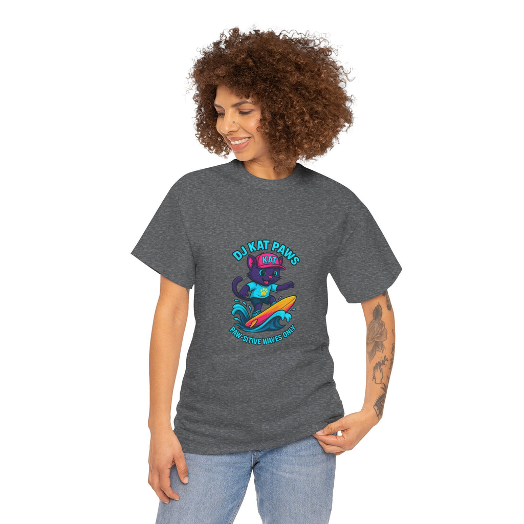 DJ KAT PAWS Surfing Fun T-Shirt | Stay Cool, Have Fun, Play Safe, Be You! | Fun Summer Tee, Gift for Cat Lovers, Beach Vibes
