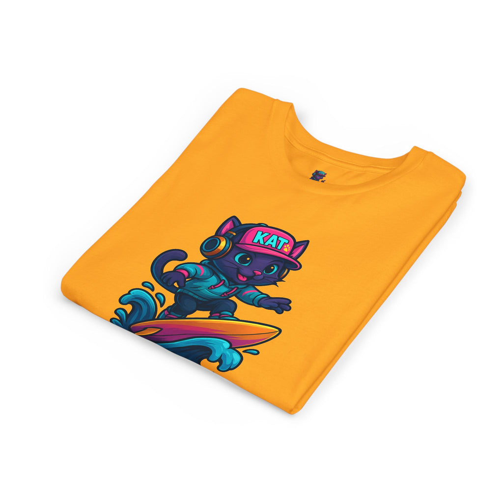 DJ KAT PAWS Paw-Sitive Waves Only, Youth Tee | Kids Surfing T-Shirt, Fun Cat Graphic Top, Summer Apparel, Gifts for Animal Lovers