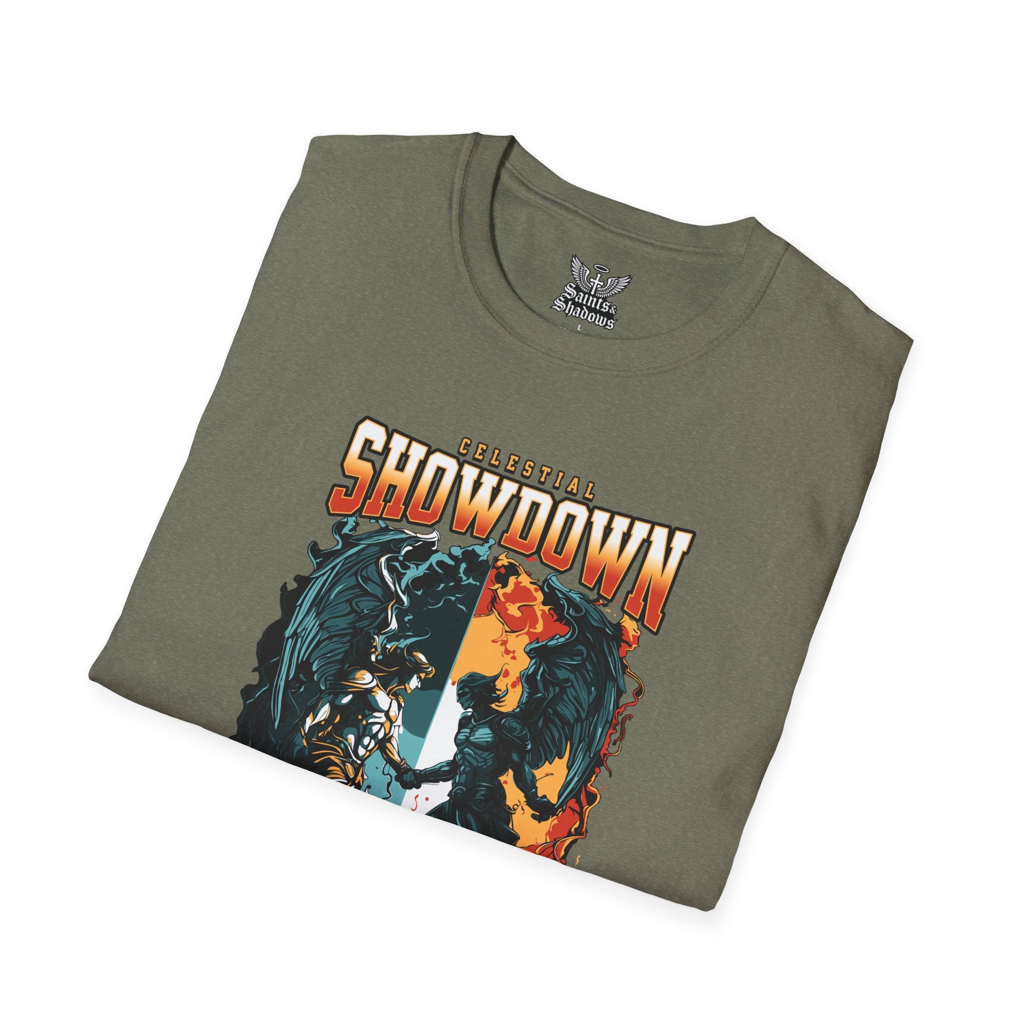 Saints and Shadows - Epic Showdown, Angelic Artwork Unisex Softstyle T-Shirt, Casual Wear