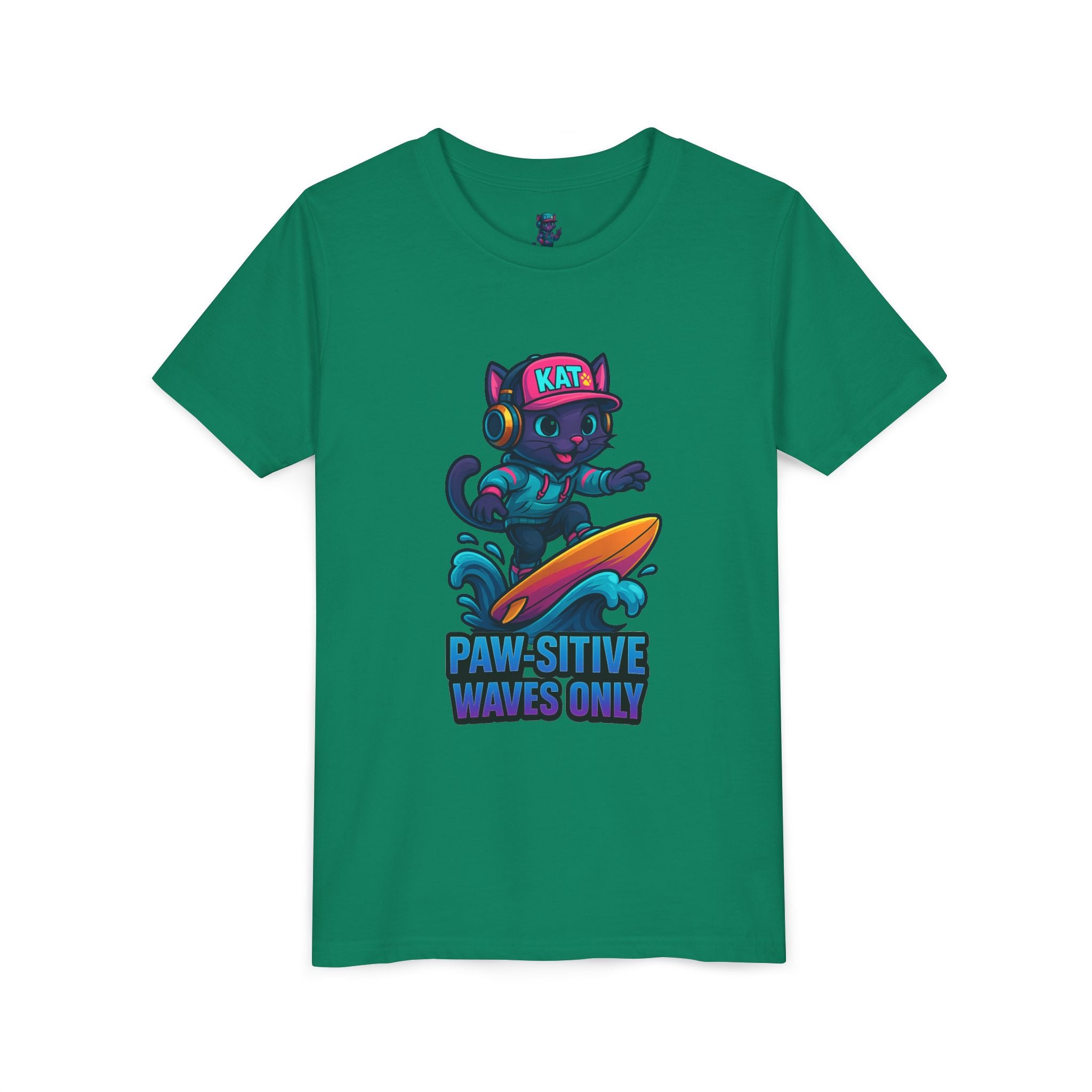 DJ KAT PAWS Paw-Sitive Waves Only, Youth Tee | Kids Surfing T-Shirt, Fun Cat Graphic Top, Summer Apparel, Gifts for Animal Lovers