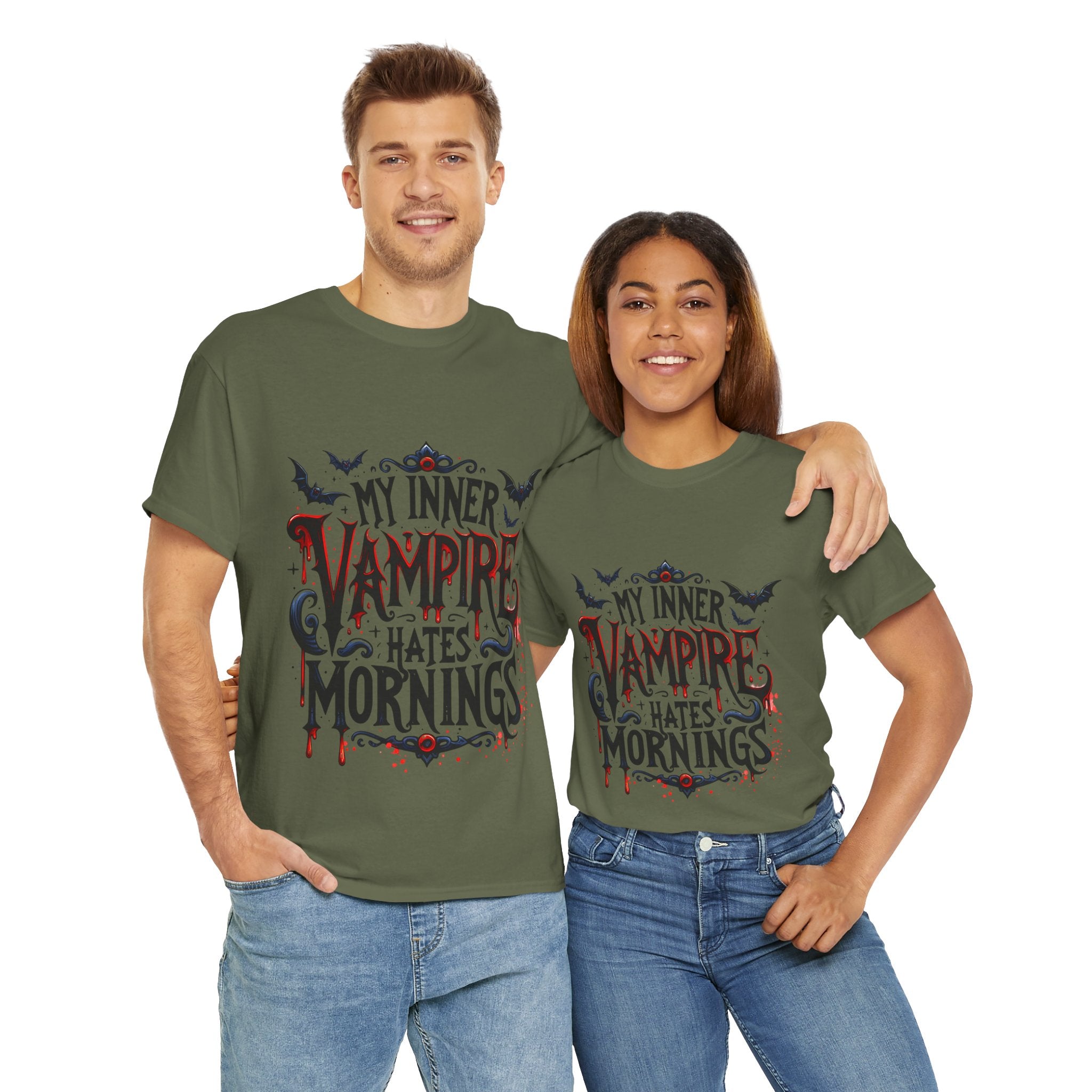 My Inner Vampire Hates Mornings, Tee - Unisex Heavy Cotton Shirt for Halloween, Gifts, Casual Wear, Funny T-Shirt, Vampire Lover Apparel