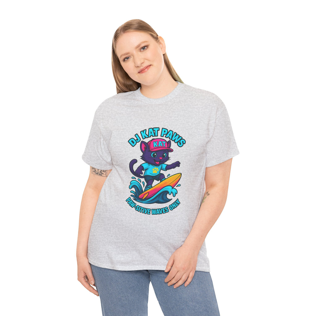 DJ KAT PAWS Surfing Fun T-Shirt | Stay Cool, Have Fun, Play Safe, Be You! | Fun Summer Tee, Gift for Cat Lovers, Beach Vibes