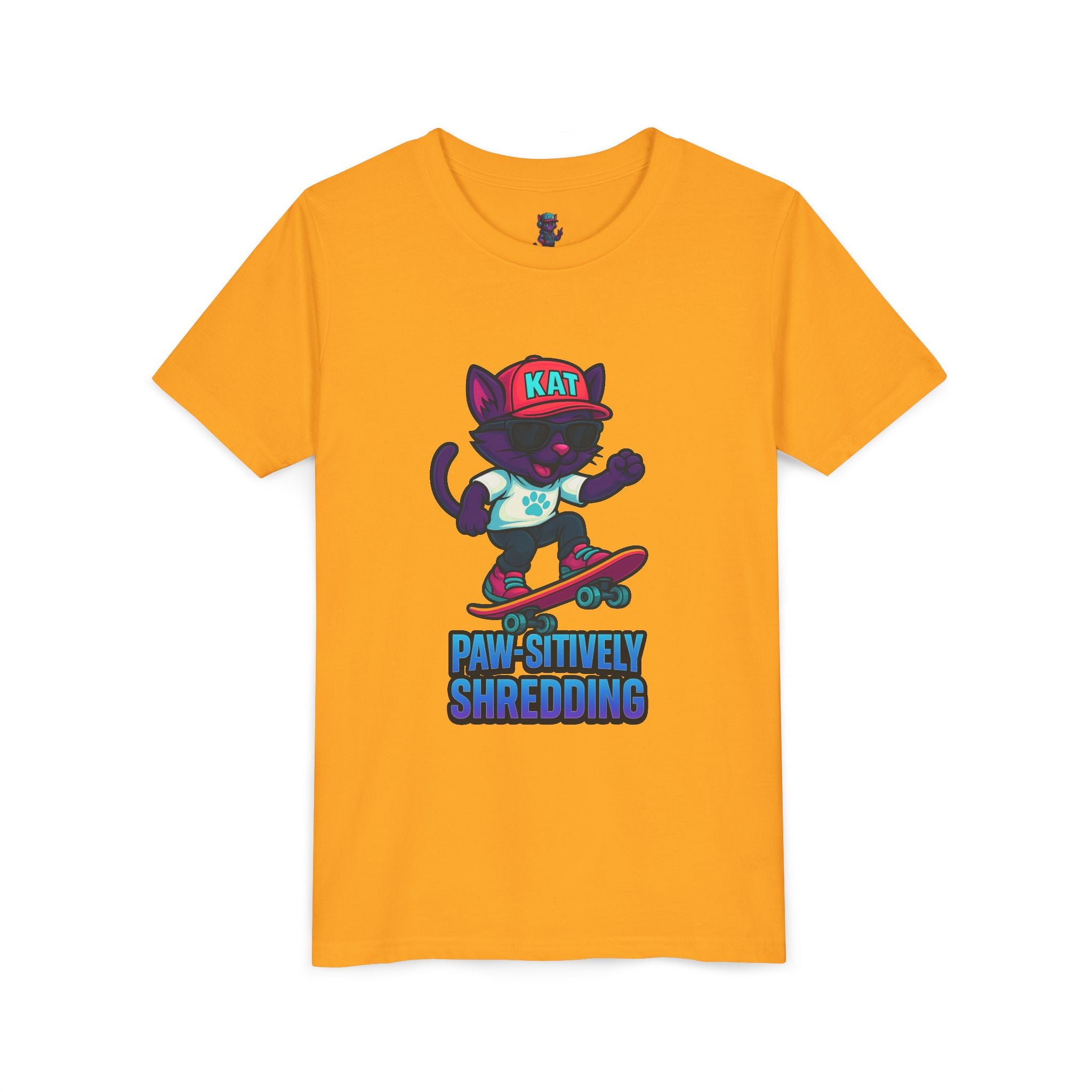 DJ KAT PAWS Paw-sitively Shredding, Skateboarding Youth Tee | Fun Summer Shirt, Motivational Kids T-Shirt, Birthday Gift for Boys & Girls