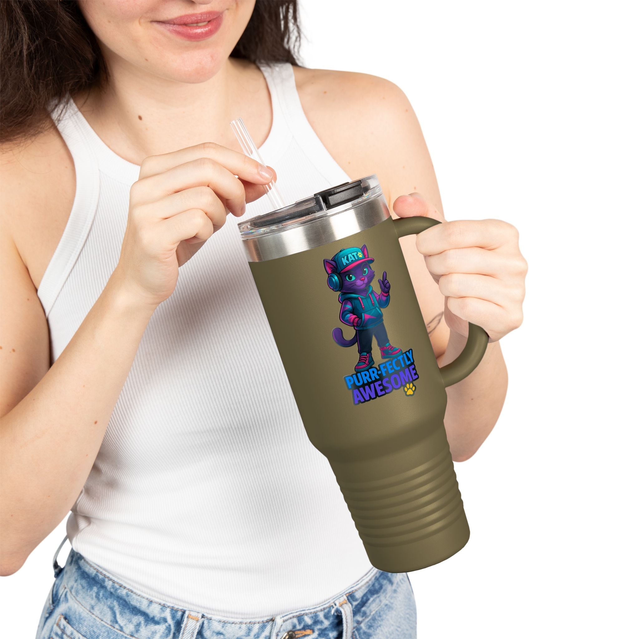 DJ KAT PAWS Purr-fectly Awesome | Travel Mug  - for Cat Lovers, 40oz Insulated Tumbler, Perfect for Road Trips, Gifts for Pet Owners.
