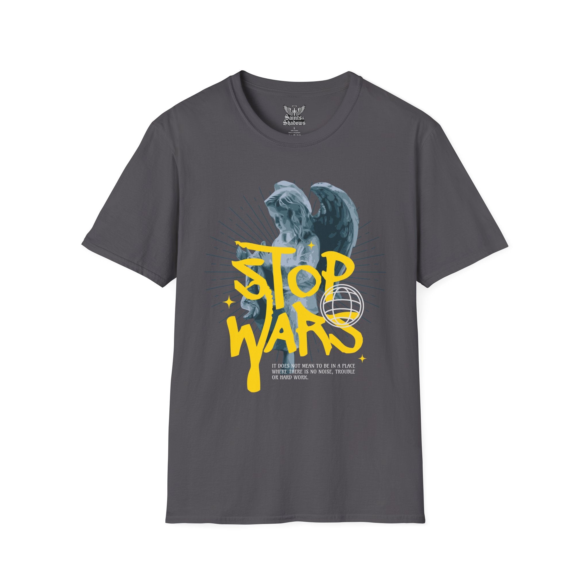 Saints and Shadows - Stop Wars, Angelic Artwork Unisex Softstyle T-Shirt, Casual Wear
