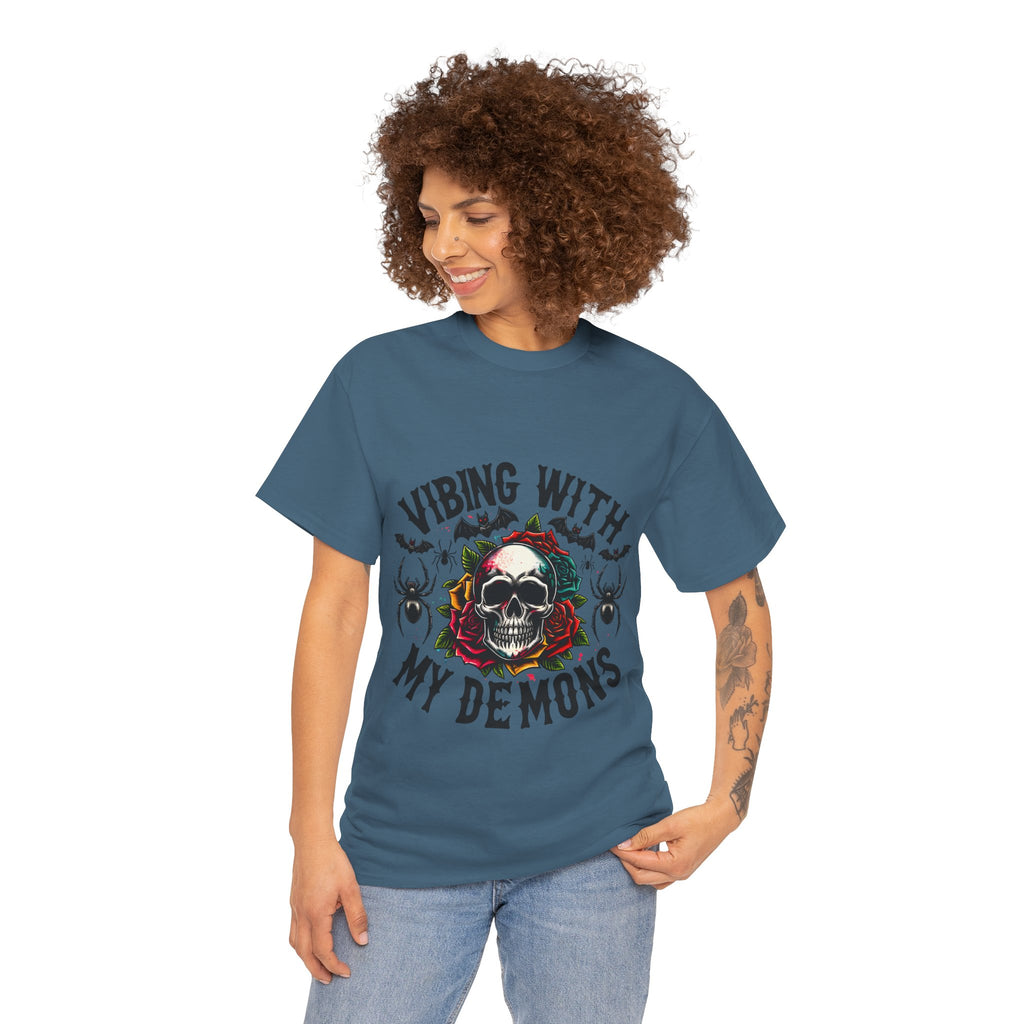 Vibing With My Demons, Halloween Skeleton & Pumpkin Tee, Spooky Season Apparel, Fall Fashion, Gift for Halloween Lovers