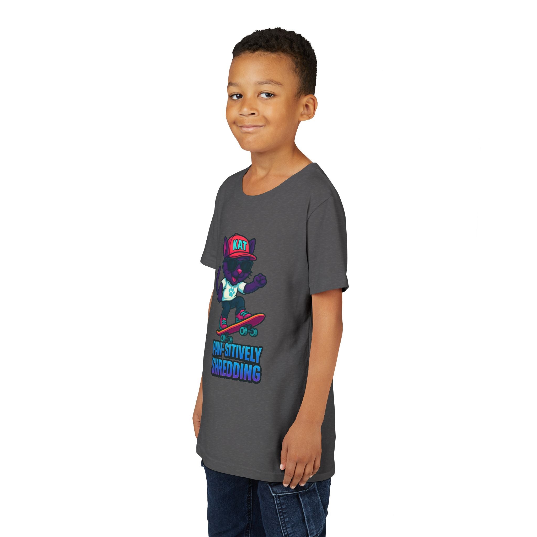 DJ KAT PAWS Paw-sitively Shredding, Skateboarding Youth Tee | Fun Summer Shirt, Motivational Kids T-Shirt, Birthday Gift for Boys & Girls