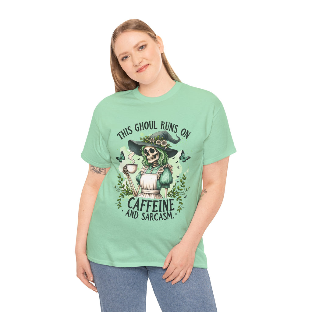 Caffeine and Sarcasm, Funny Halloween Tee, Unisex Tee, Perfect for Gifting, October Festivities, Casual Wear, Skeleton Graphic Tee
