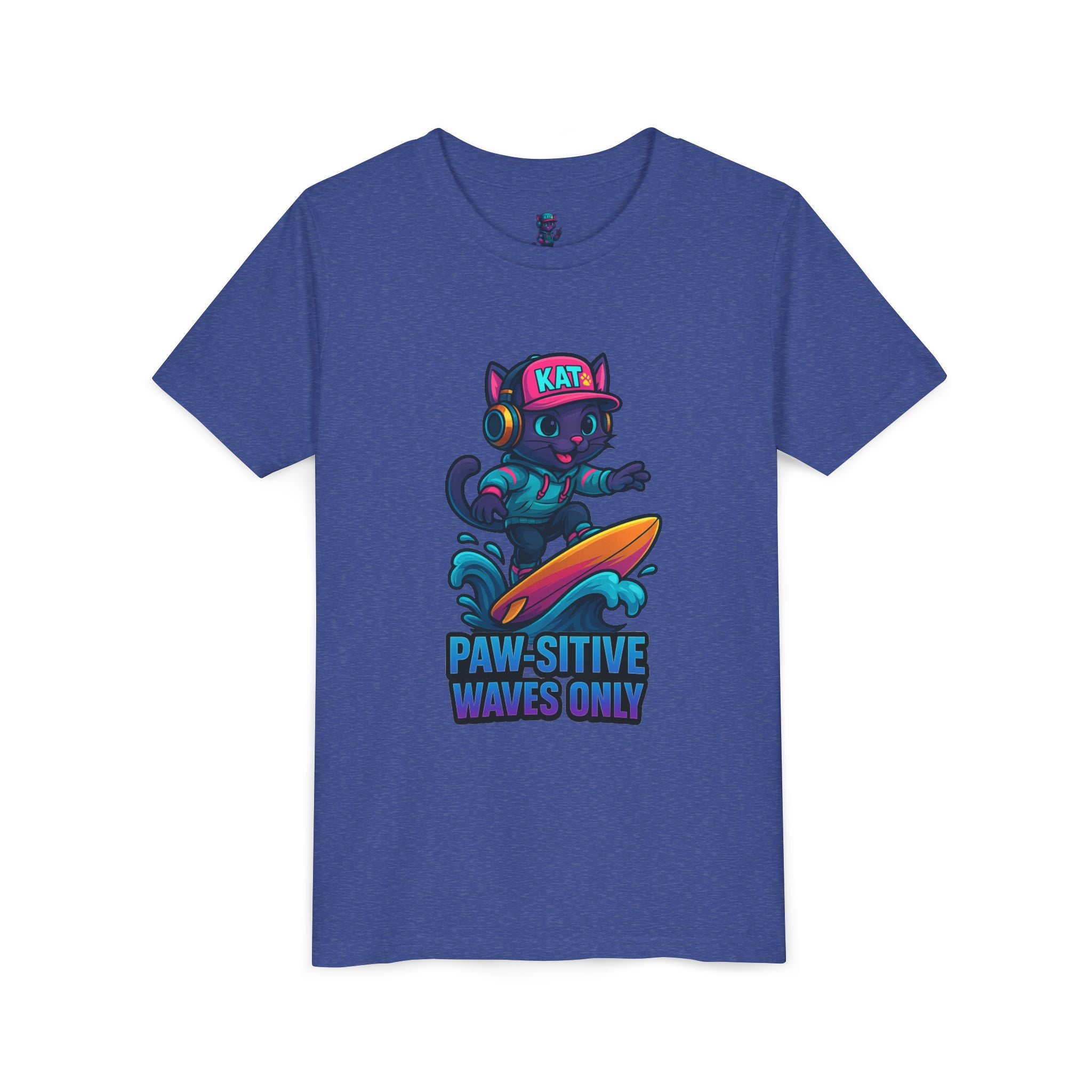 DJ KAT PAWS Paw-Sitive Waves Only, Youth Tee | Kids Surfing T-Shirt, Fun Cat Graphic Top, Summer Apparel, Gifts for Animal Lovers