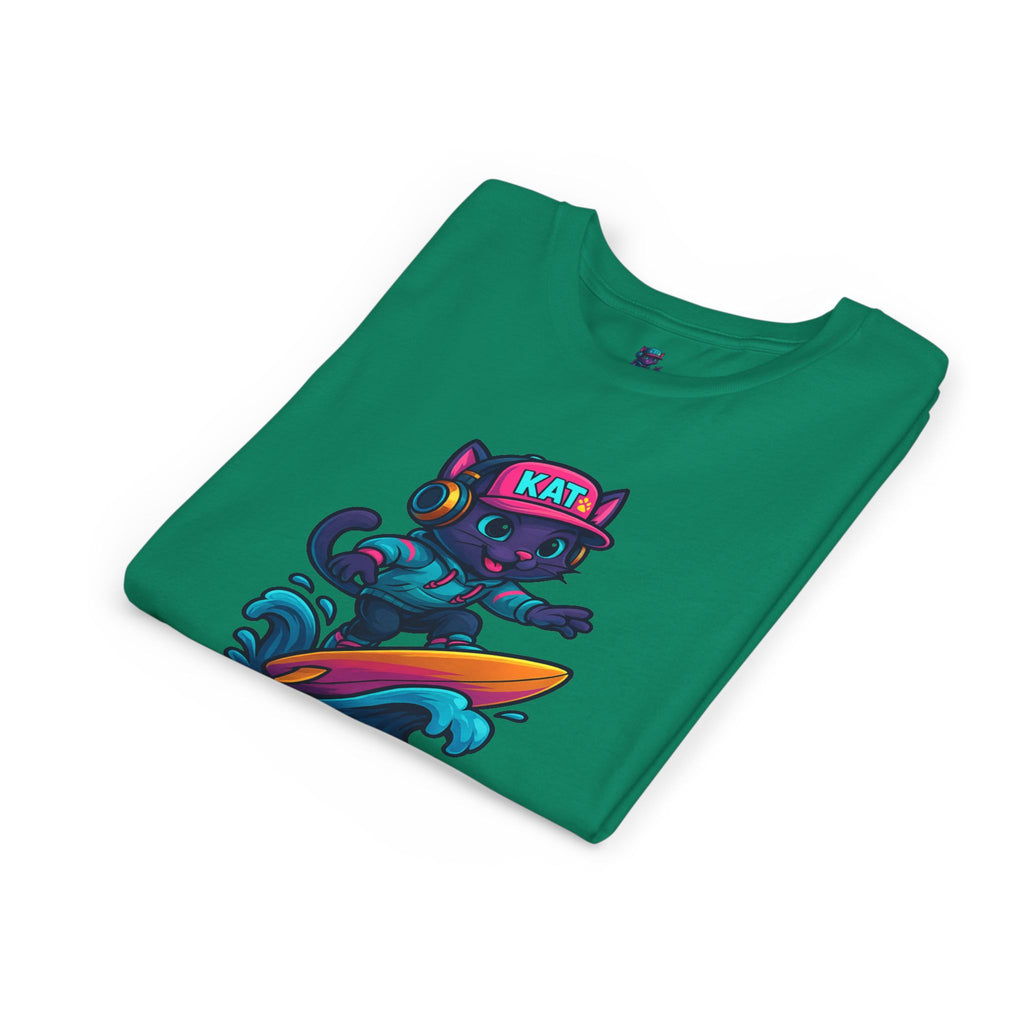 DJ KAT PAWS Paw-Sitive Waves Only, Youth Tee | Kids Surfing T-Shirt, Fun Cat Graphic Top, Summer Apparel, Gifts for Animal Lovers