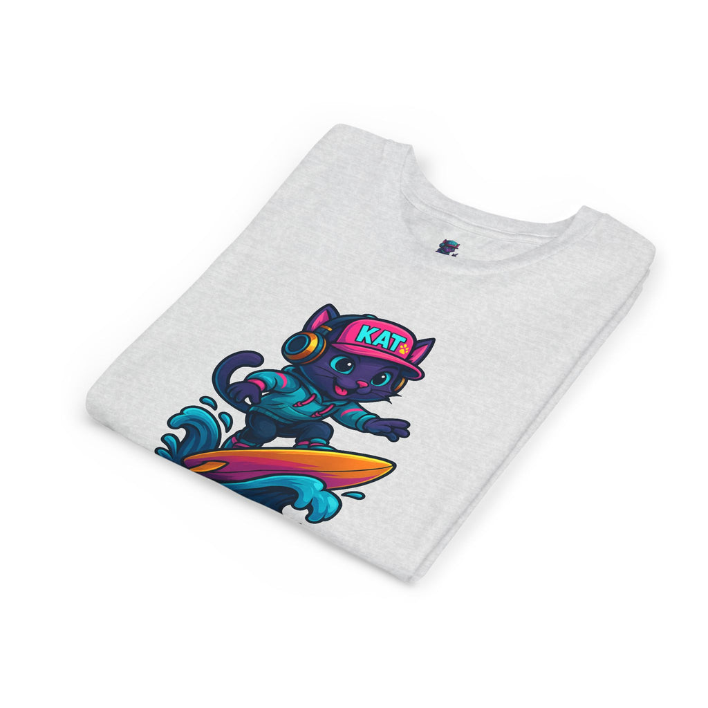 DJ KAT PAWS Paw-Sitive Waves Only, Youth Tee | Kids Surfing T-Shirt, Fun Cat Graphic Top, Summer Apparel, Gifts for Animal Lovers