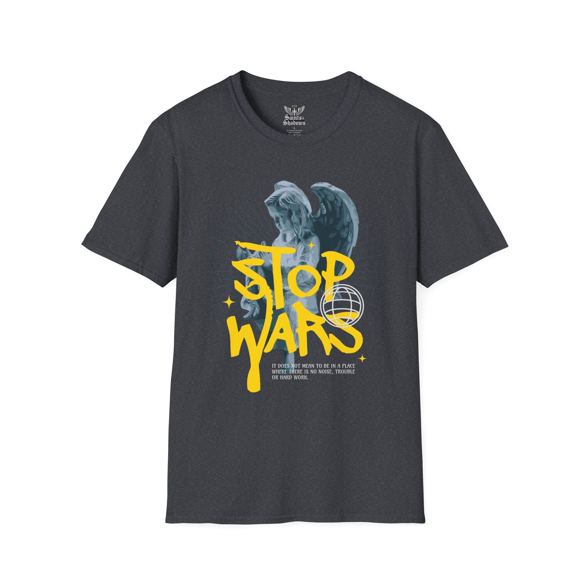 Saints and Shadows - Stop Wars, Angelic Artwork Unisex Softstyle T-Shirt, Casual Wear