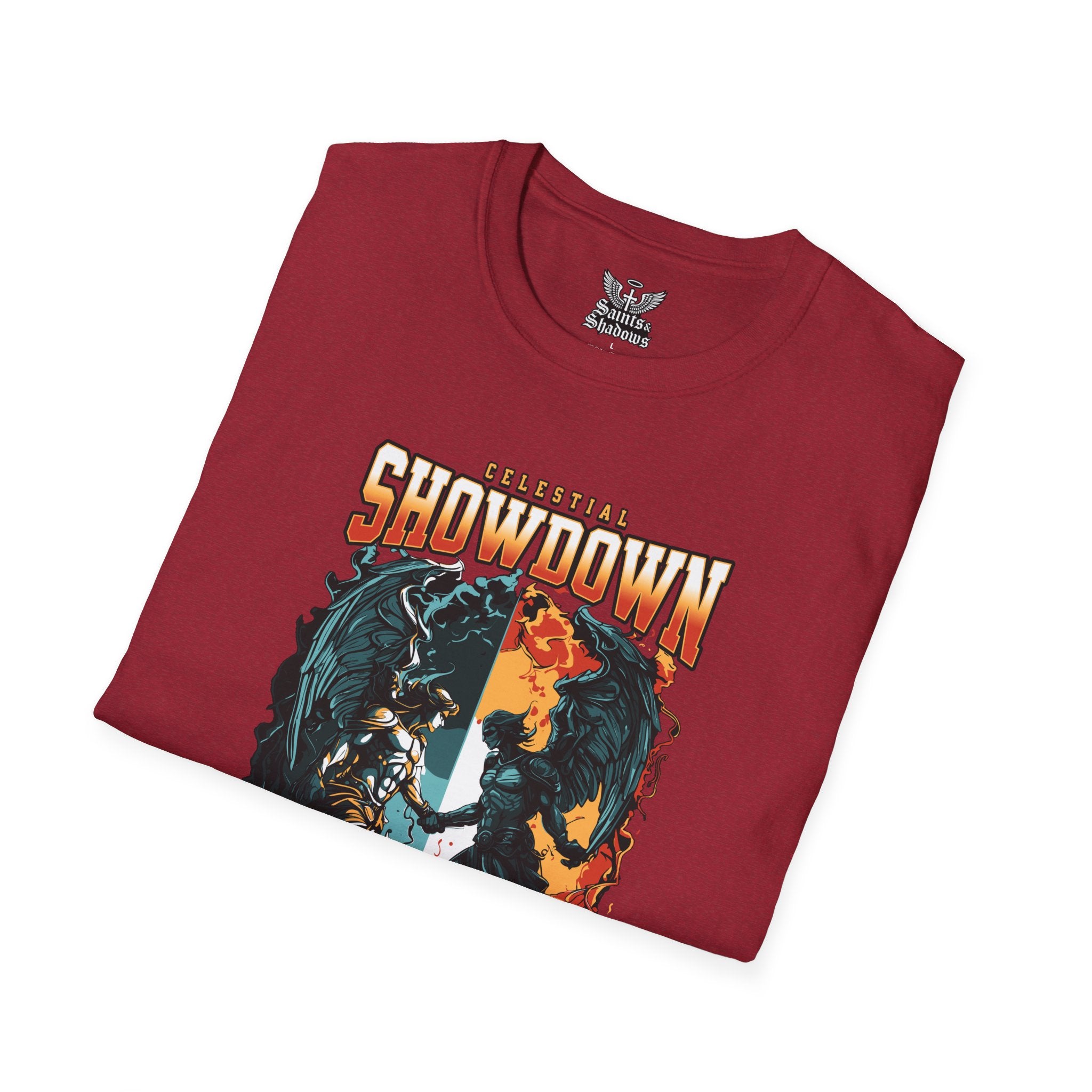Saints and Shadows - Epic Showdown, Angelic Artwork Unisex Softstyle T-Shirt, Casual Wear