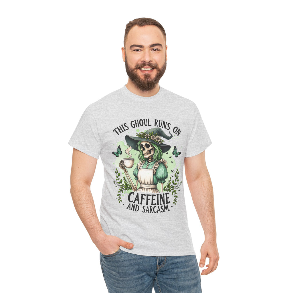 Caffeine and Sarcasm, Funny Halloween Tee, Unisex Tee, Perfect for Gifting, October Festivities, Casual Wear, Skeleton Graphic Tee