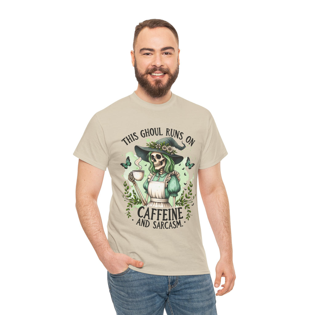 Caffeine and Sarcasm, Funny Halloween Tee, Unisex Tee, Perfect for Gifting, October Festivities, Casual Wear, Skeleton Graphic Tee