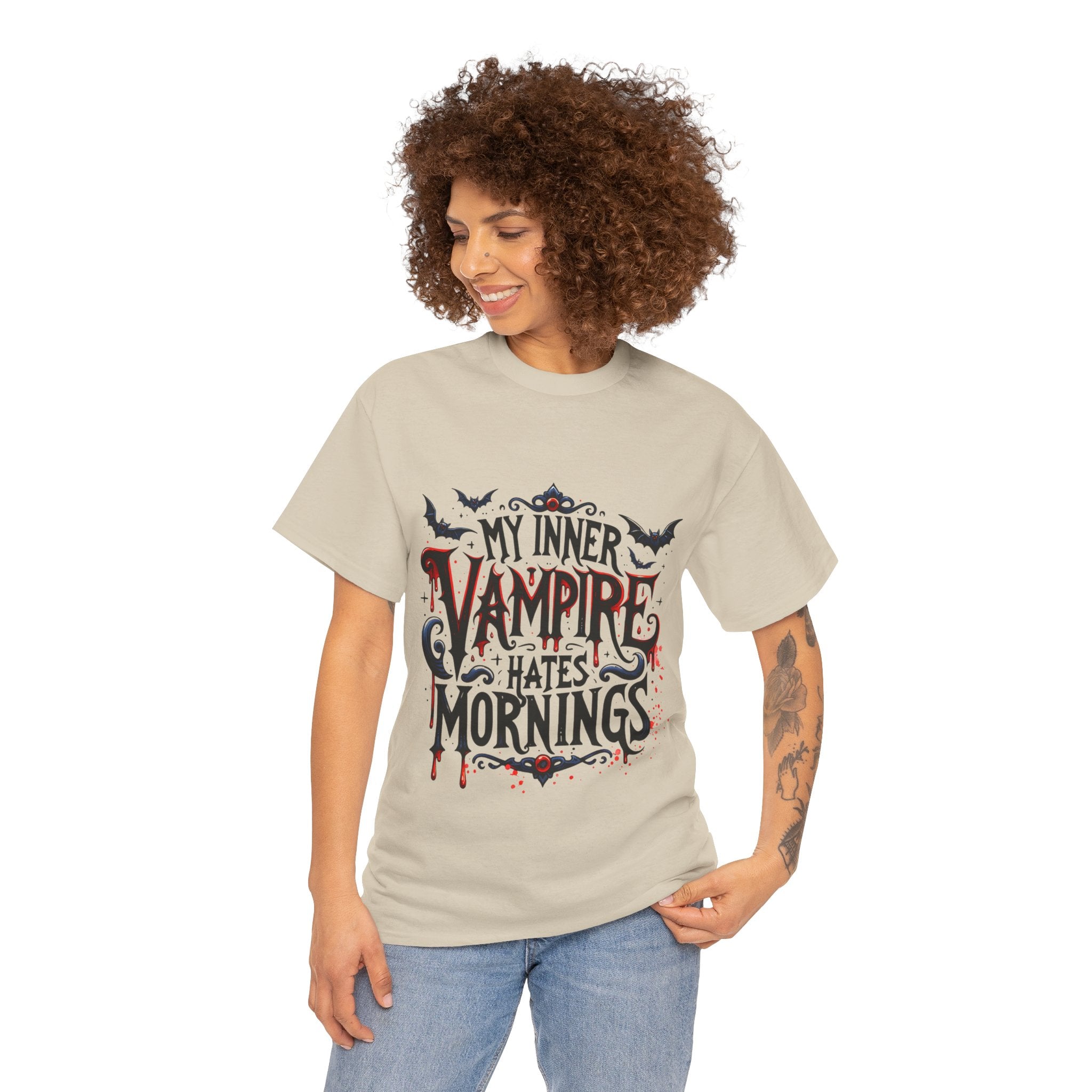 My Inner Vampire Hates Mornings, Tee - Unisex Heavy Cotton Shirt for Halloween, Gifts, Casual Wear, Funny T-Shirt, Vampire Lover Apparel