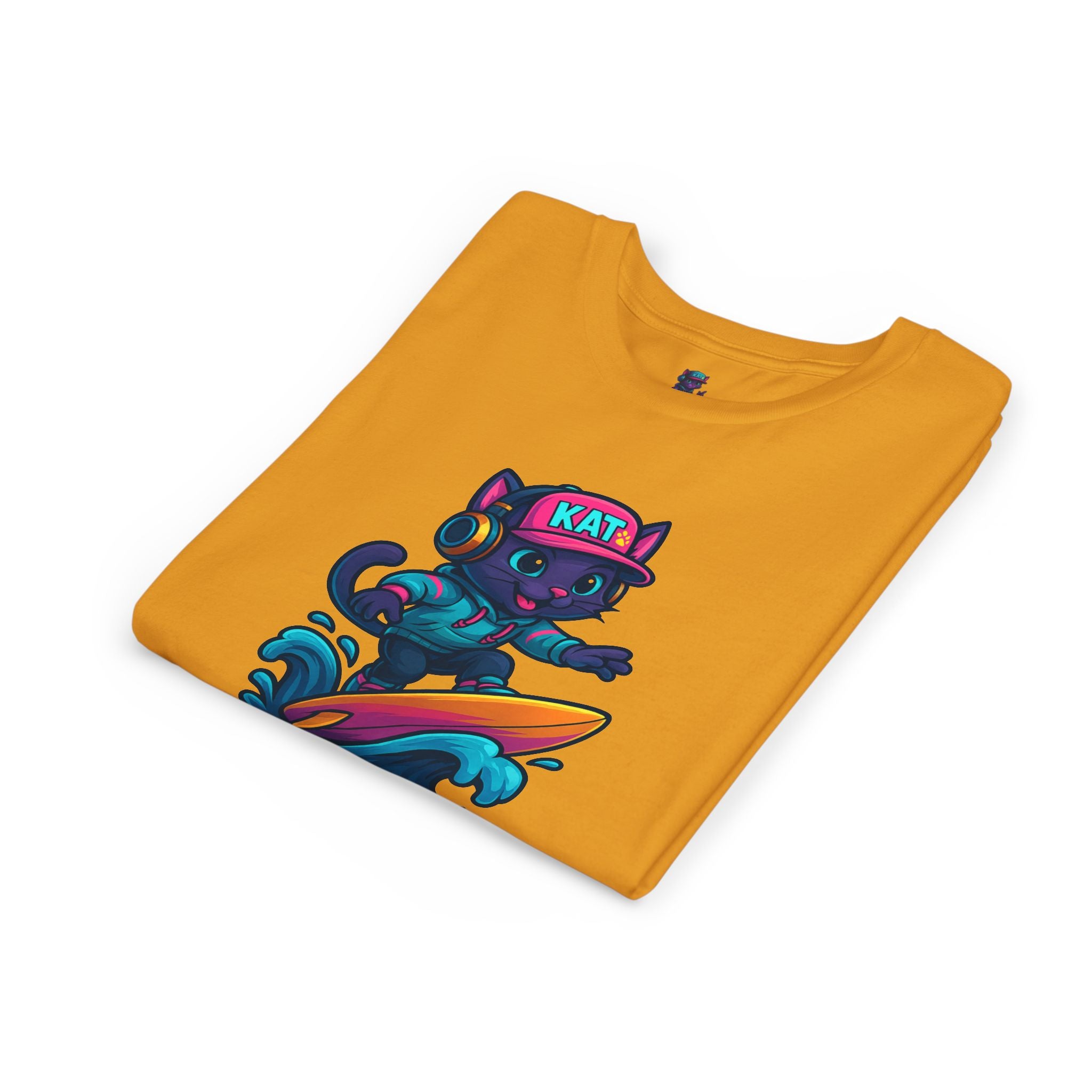 DJ KAT PAWS Paw-Sitive Waves Only, Youth Tee | Kids Surfing T-Shirt, Fun Cat Graphic Top, Summer Apparel, Gifts for Animal Lovers