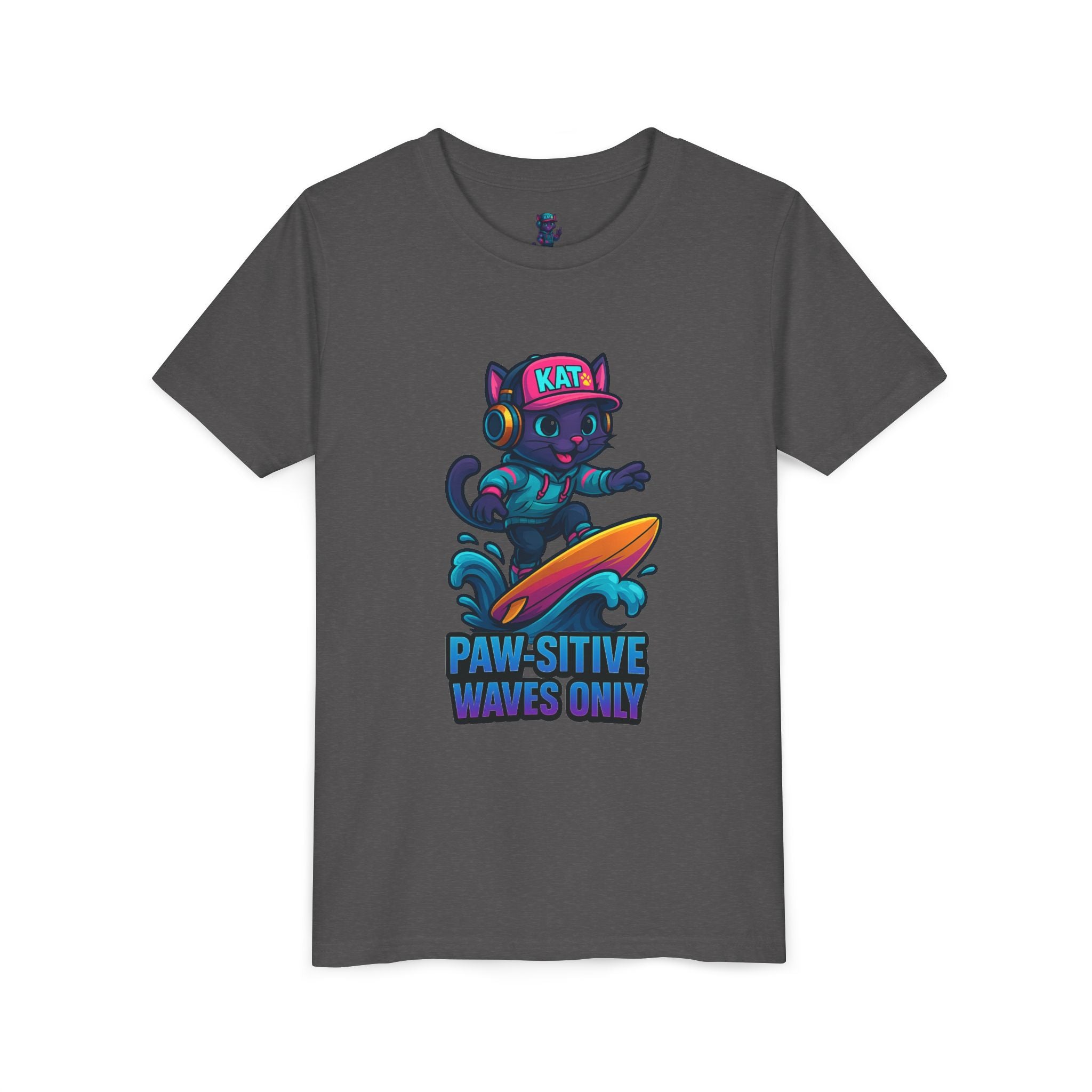 DJ KAT PAWS Paw-Sitive Waves Only, Youth Tee | Kids Surfing T-Shirt, Fun Cat Graphic Top, Summer Apparel, Gifts for Animal Lovers