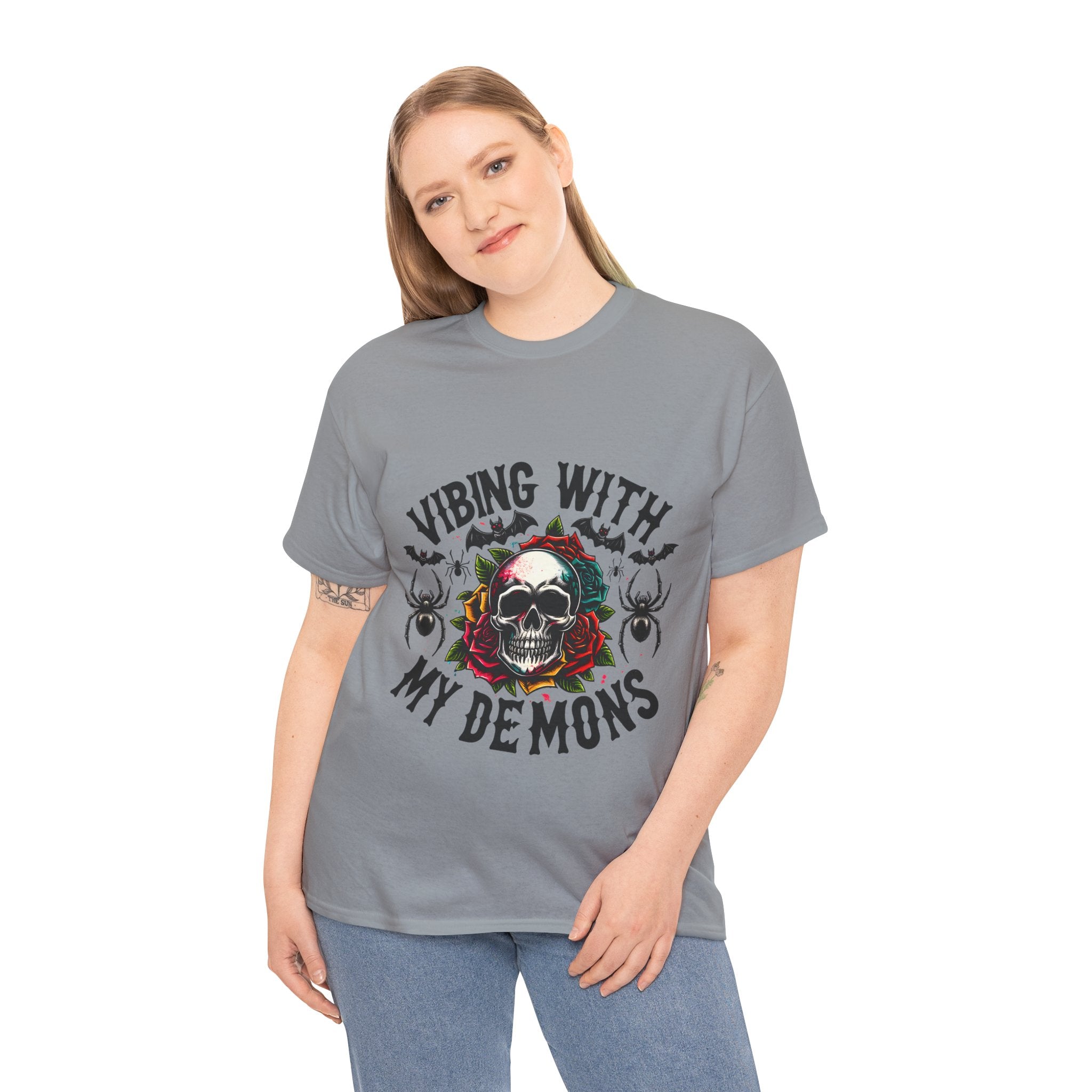 Vibing With My Demons, Halloween Skeleton & Pumpkin Tee, Spooky Season Apparel, Fall Fashion, Gift for Halloween Lovers